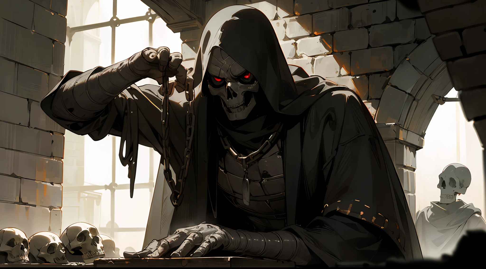 ((masterpiece)),((best quality)),((high detail)),((realistic,)) ((ultra detailed)) an obscure being imprisoned with skull face, in a medieval prison, chains on his body, madman's smile, extremely black dark circles, medieval, rock prison, a small window illuminates the environment, horror, sinister, colorful environment.