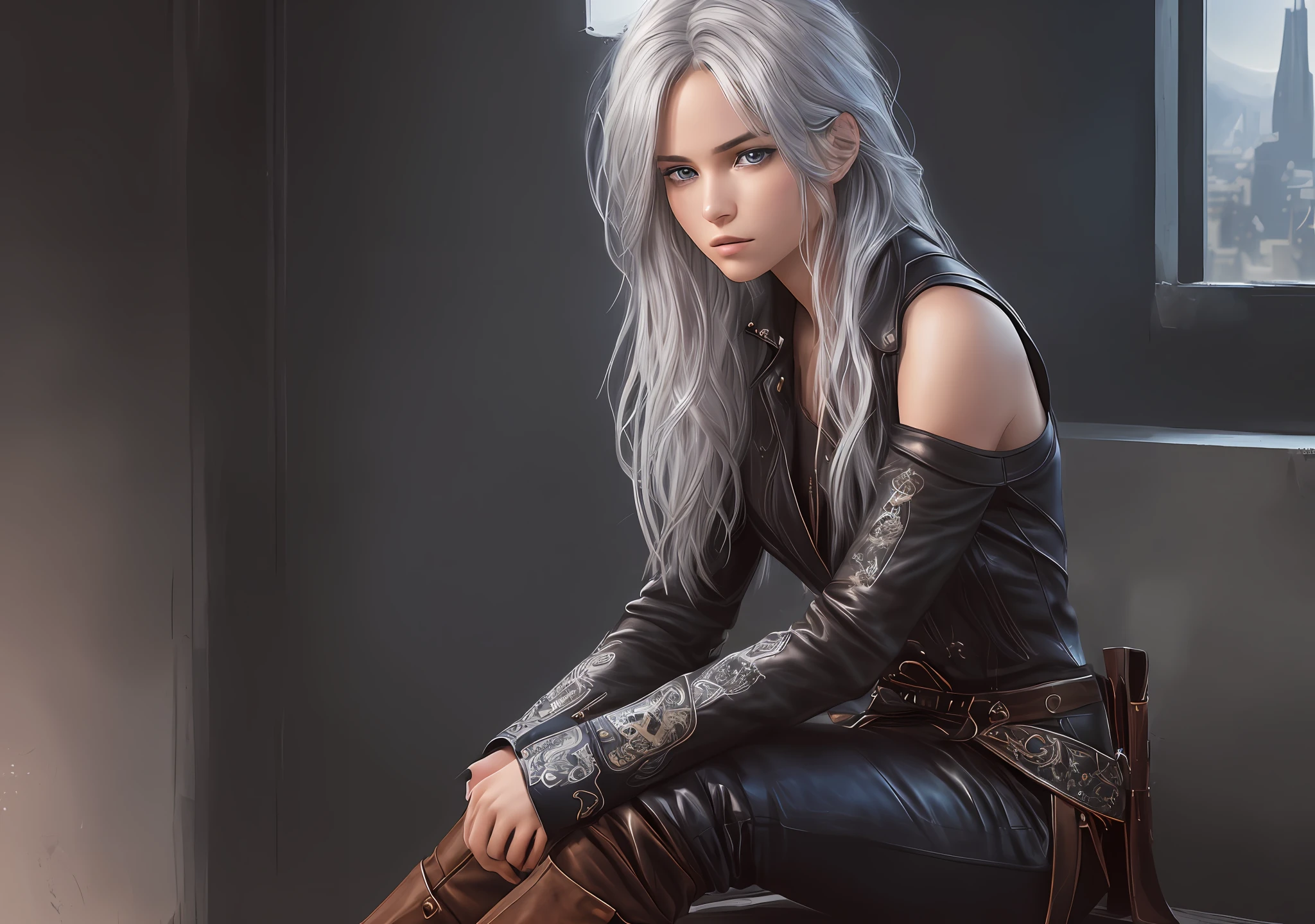 (((1))): 18-year-old girl sitting thinking ((((alone))), silver hair, she is beautiful and beautiful, blue eyes, fancy clothing covers her entire body except her arms, shirt is brown leather, pants is brown leather, and boots, model body, deep shadows, dark (moonlight: 1.3), (((extended art))), detailed, , fine details, extremely detailed eyes and face, penetrating look, disheveled hair, focus on the single character, comcept ART, realistic digital painting, (((character overview)))), rich colors, ultra-realistic texture, spectacular, (facial transparency: 1.5), anatomical masterpiece, window light, dawn, (8k), trend in ArtStation, Intricate, a unique character, sharp focus, dramatic painting