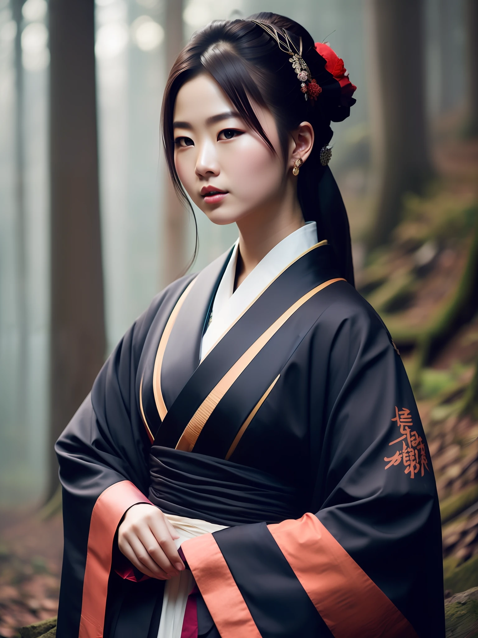 fking_scifi_v2, portrait of a young very beautiful japanese gueisha, in front of a smoky forest, rich colorful clothes and japanese umbrella, close up, mysterious pose and attitude. fking_cinema_v2