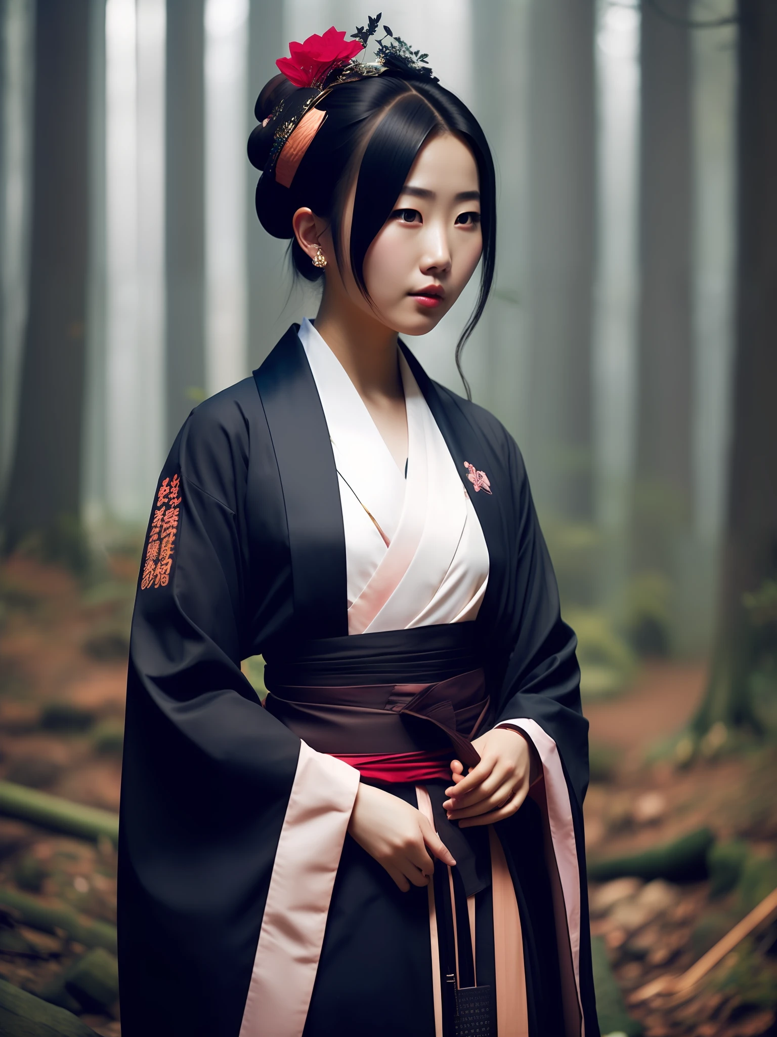 fking_scifi_v2, portrait of a young very beautiful japanese gueisha, in front of a smoky forest, rich colorful clothes and japanese umbrella, close up, mysterious pose and attitude. fking_cinema_v2
