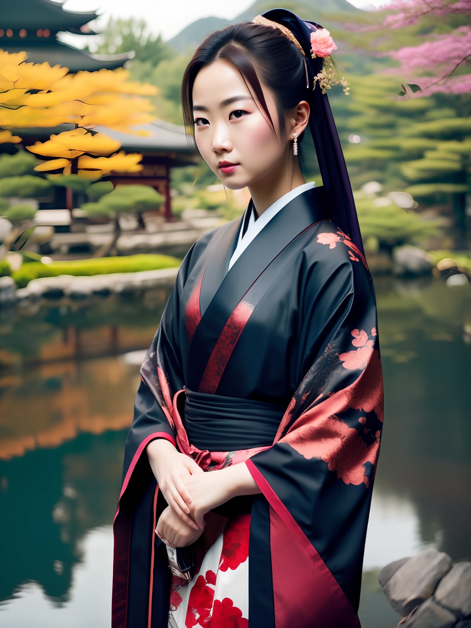 fking_scifi_v2, portrait of a young very beautiful japanese gueisha, in front of a marvelous pond, rich colorful clothes and japanese umbrella, close up, mysterious pose and attitude. fking_cinema_v2.