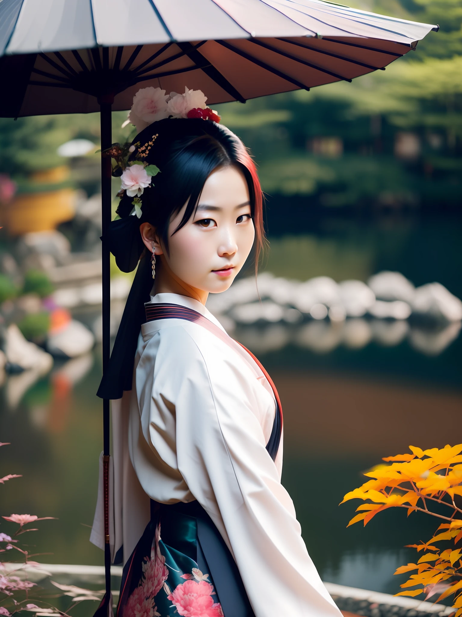 fking_scifi_v2, portrait of a young very beautiful japanese gueisha, in front of a marvelous pond, rich colorful clothes and japanese umbrella, close up, mysterious pose and attitude. fking_cinema_v2.