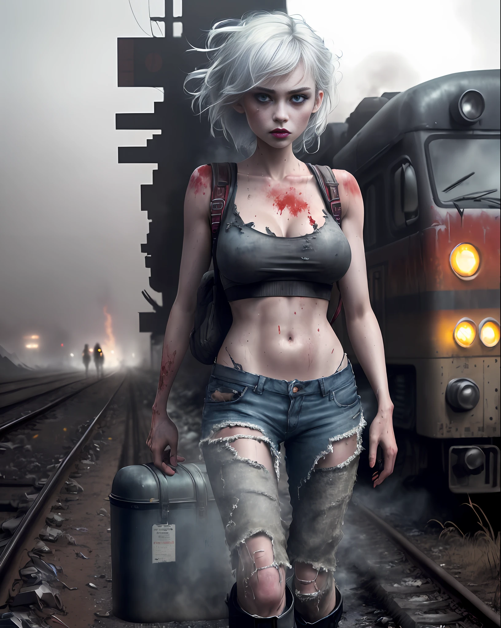 Imogen Poots (beautiful and bold, seductive and attractive, blue eyes, , dark lipstick, backpack on her back, sweaty body, short top, torn pants, boot, white hair, thick legs). (Train line, deserted road, dirt road, blood, zombies, smoke, fire, cars on fire, abandoned road, zombie movie, apocalyptic scenario, cinematic effect, night, cold), (Best quality, masterpiece, depth of field, Full HD, 4K, richness of detail). Portrait style