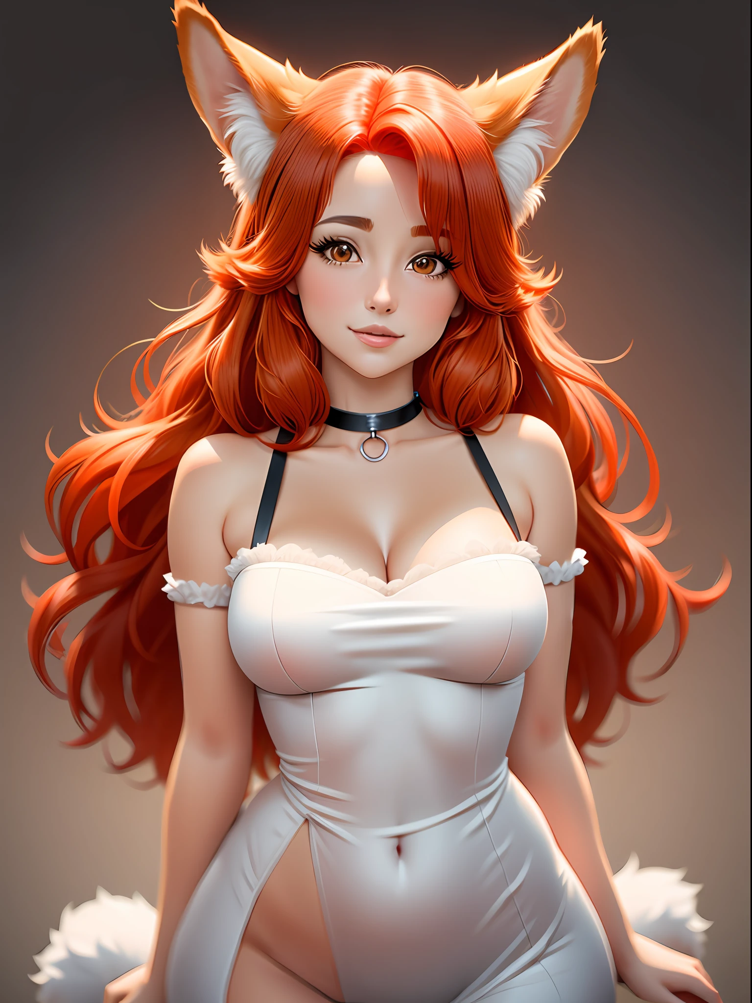 1 corgi girl, solo, (best quality, masterpiece: 1.3), fluffy, red hair, perfect face, realistic face, full-length, (long tail, fluffy tail: 1.3), deep neckline, (corgi ears)