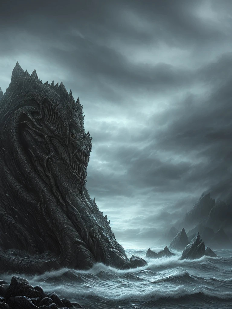 Dark atmosphere, lovecraft creature, highly detailed, intricate details, ancient and aquatic monster, large rocks, rough sea, dark and gloomy sky