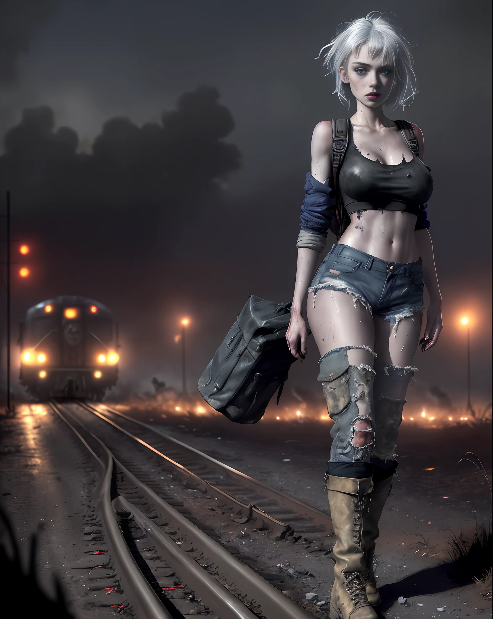 Imogen Poots (beautiful and bold, seductive and attractive, blue eyes, big breasts, dark lipstick, backpack on her back, sweaty body, short top, torn pants, boot, white hair, thick legs). (Train line, deserted road, dirt road, blood, zombies, smoke, fire, cars on fire, abandoned road, zombie movie, apocalyptic scenario, cinematic effect, night, cold), (Best quality, masterpiece, depth of field, Full HD, 4K, richness of detail). Portrait style