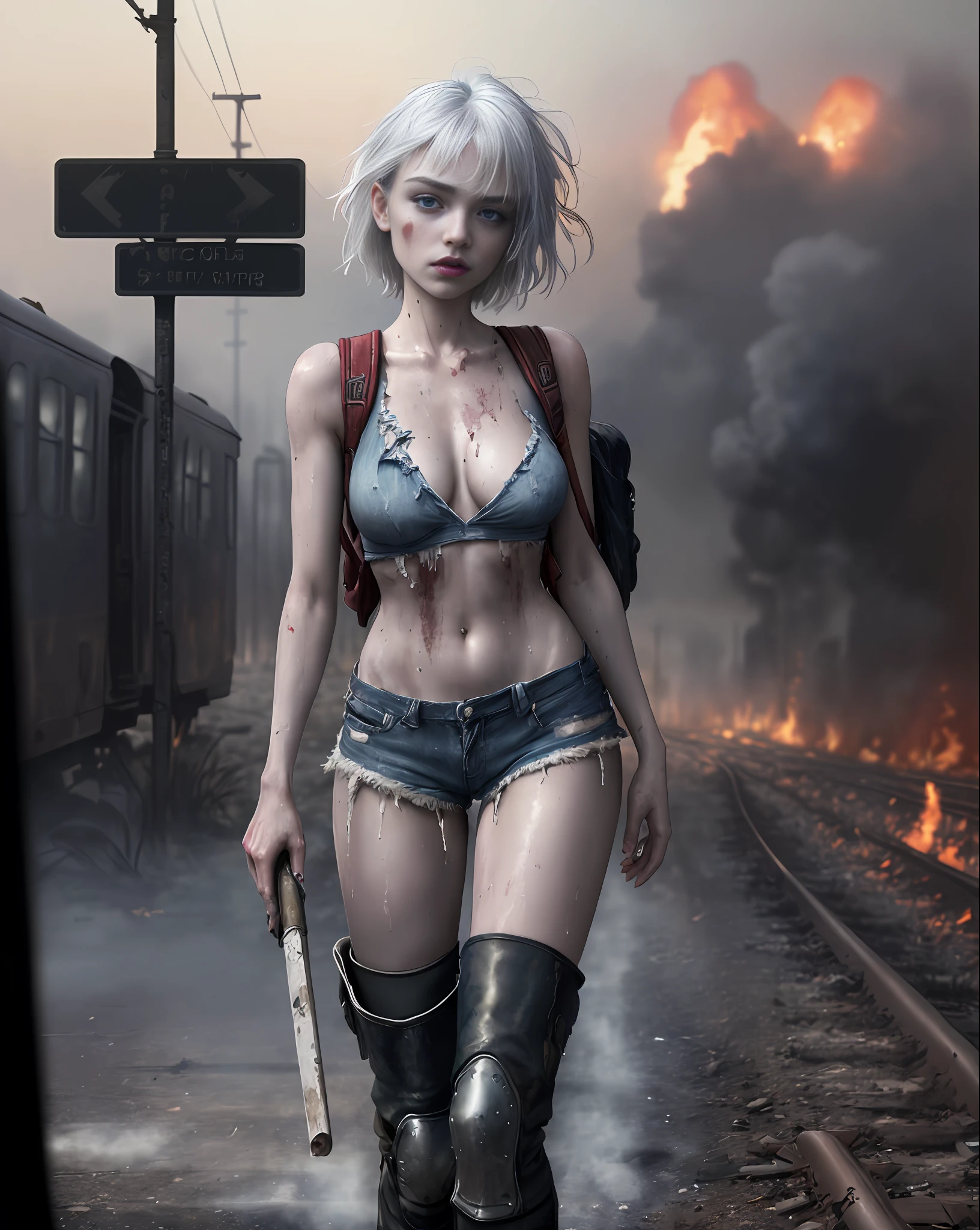Imogen Poots (beautiful and bold, seductive and attractive, blue eyes, pointed breasts, dark lipstick, backpack on her back, sweaty body, short top, torn pants, boot, white hair, thick legs). (Train line, deserted road, dirt road, blood, zombies, smoke, fire, cars on fire, abandoned road, zombie movie, apocalyptic scenario, cinematic effect), (Best quality, masterpiece, depth of field, Full HD, 4K, richness of detail). Portrait style