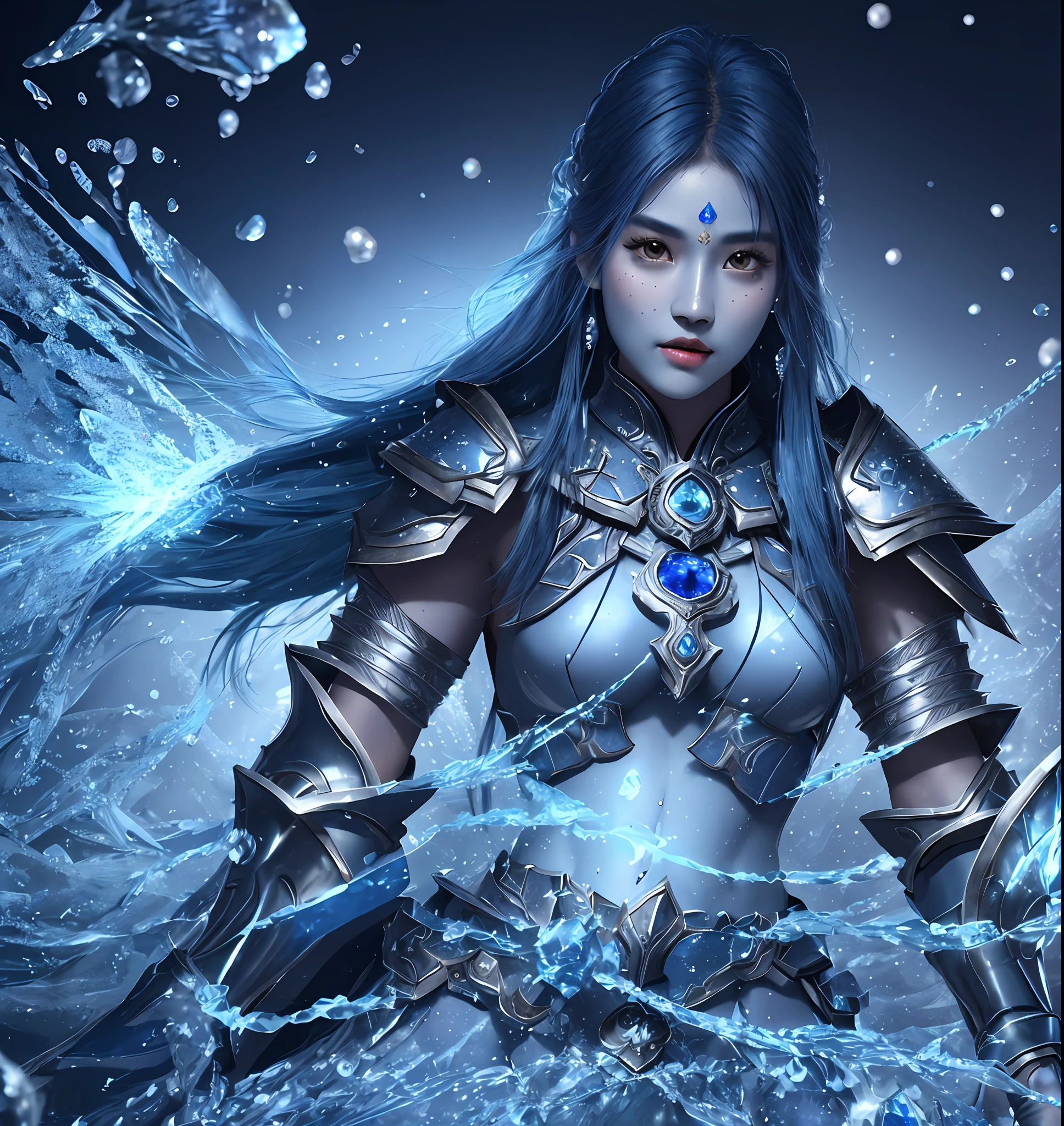 warrior, full body, sapphire crystal armor, blue skin, straight navy blue hair, oriental face features, water particles, realistic, ultra-detailed