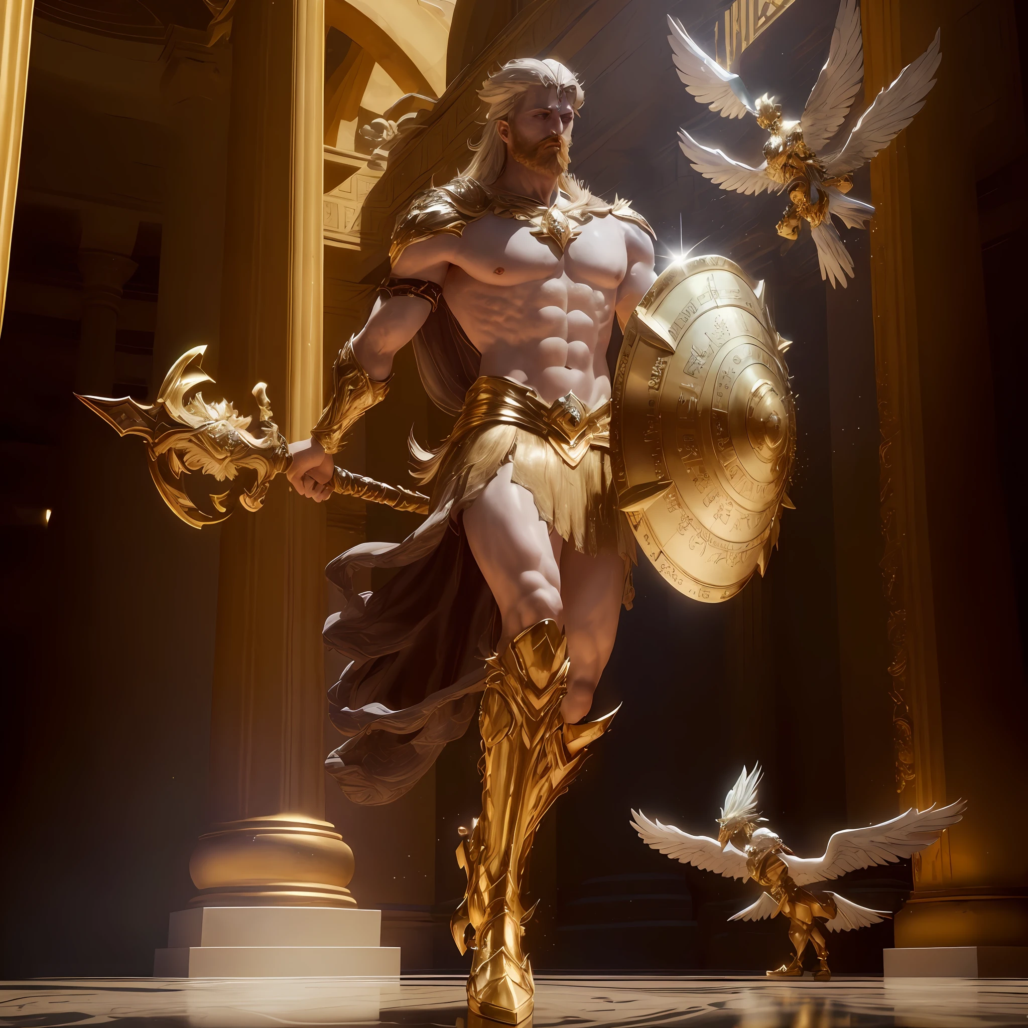 man in a golden outfit holding a shield, unreal motor render Saint Seiya, portrait of the greek god Ares, 3 d render character art 8 k, trend in cgsociety, unreal engine fantasy art, trend in artstation:3, rolands zilvinskis 3d render art, trend in artstation, 3d render trend in artstation, tattoo covering arm, pair of white wings,  white long cape, white long cloak, long sword in right hand, long blonde beard, (blue eyes) coming out rays, Kratos' face