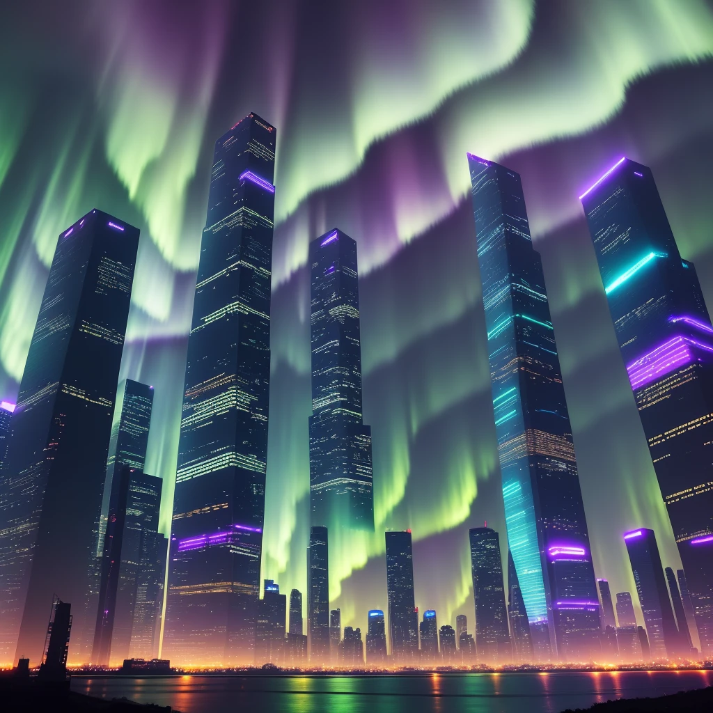 cyberpunk cityscape, aurora borealis in sky, night