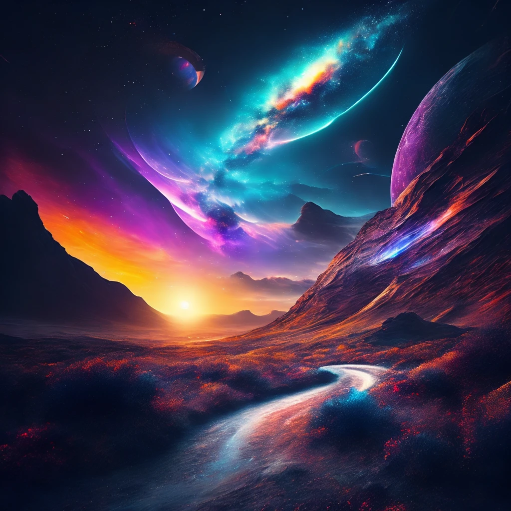 Futuristic landscape, galaxy, multicolor and movement