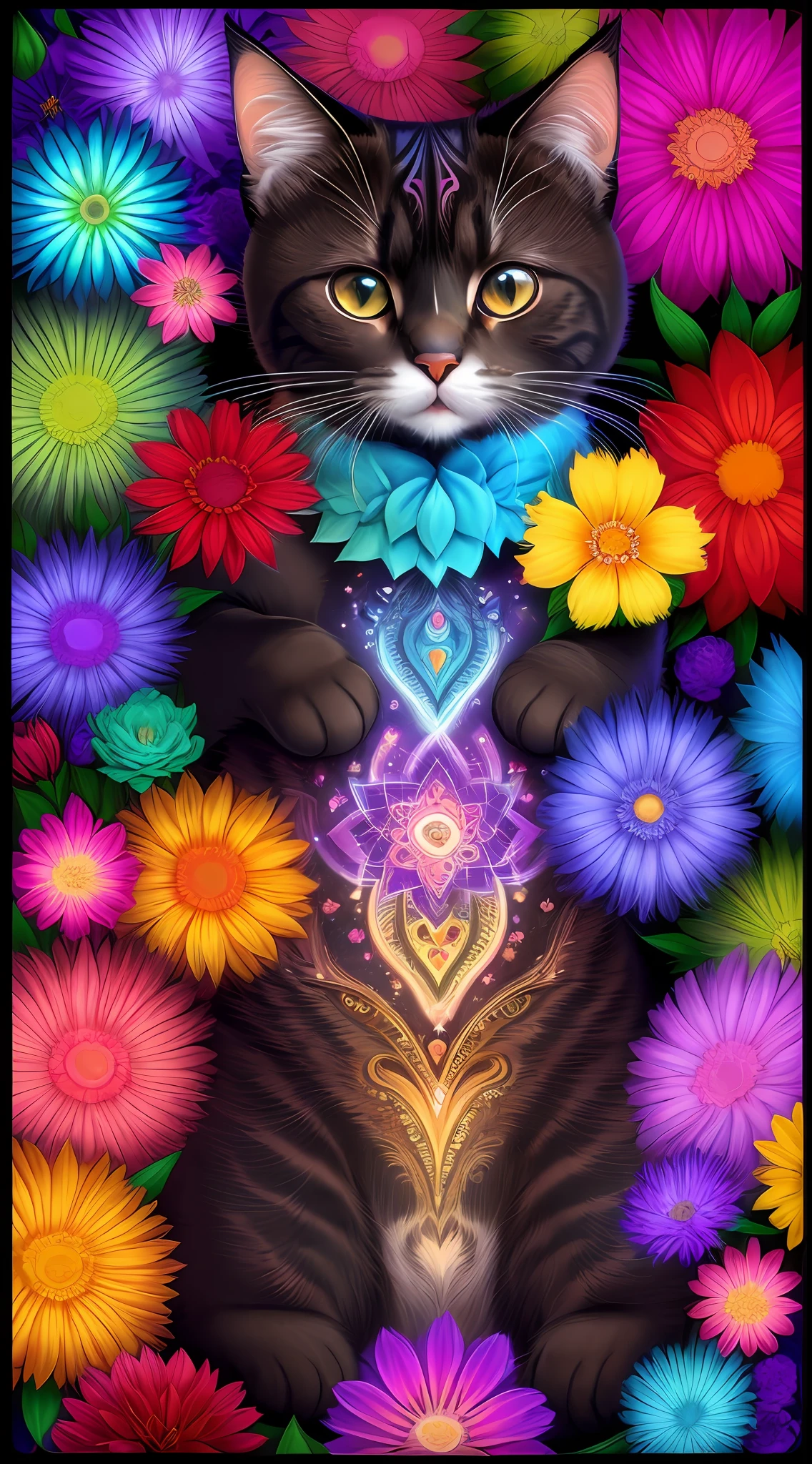 Cats, Chromotherapy, Cute Felines, Cat, Vibrant Colors, Flowers, Stars, Butterflies, Mandala
