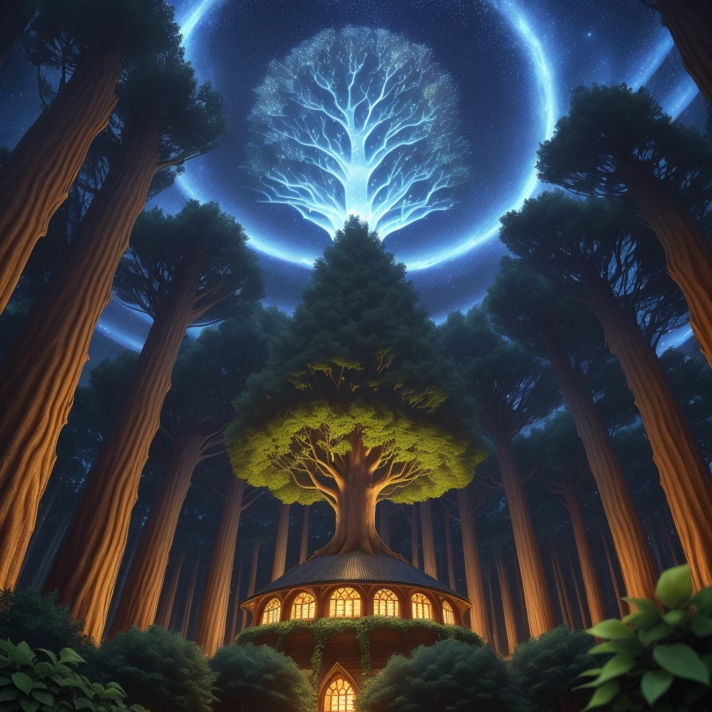 night in a medieval city with advanced technology in one (forest with many giant trees that cover the whole sky) and with fruits that look like stars at night and (many animals that look like flying fish)