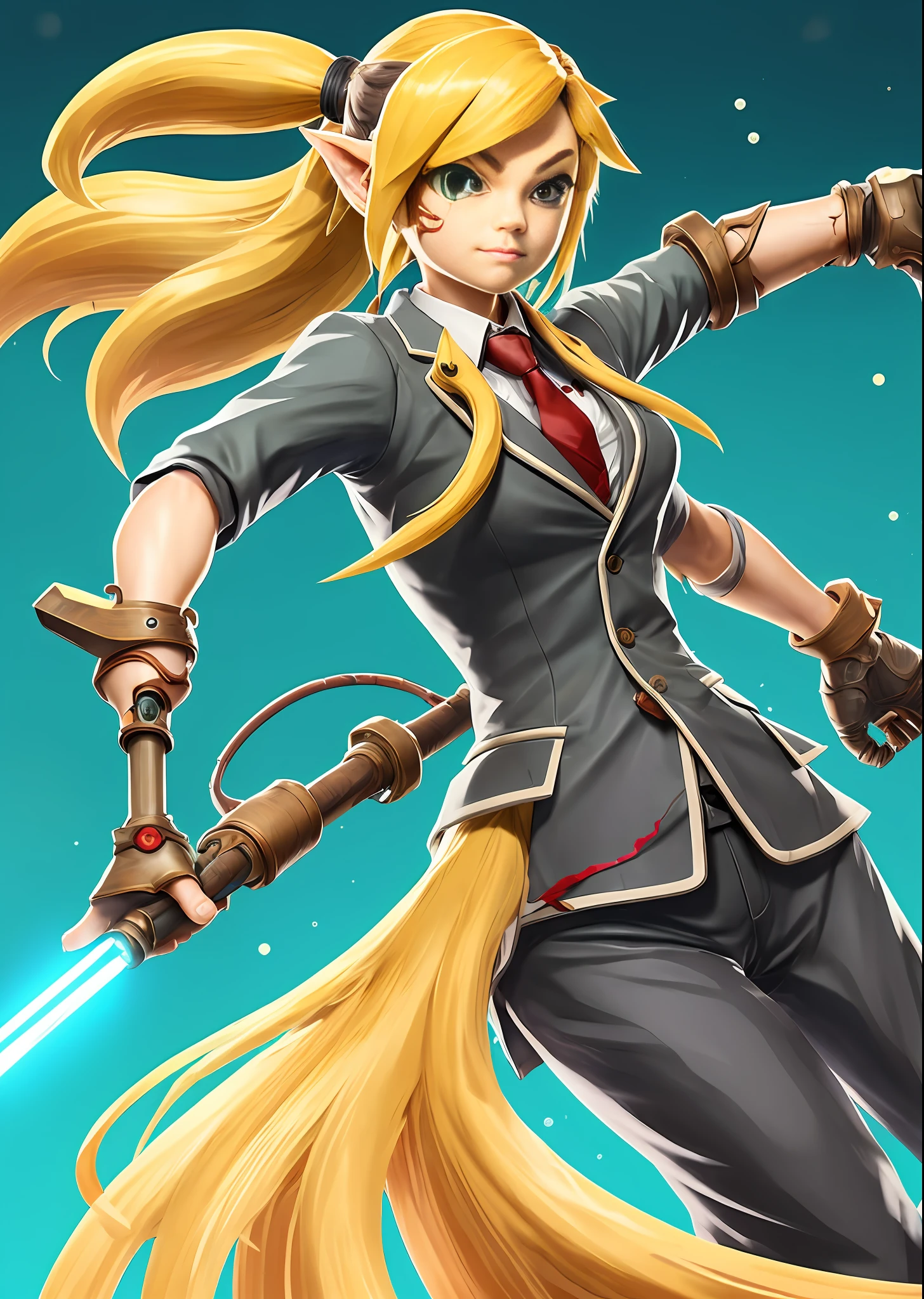 (Masterpiece) (Extreme) Kitsune girl with light hair, with a single Mechanical arm, with a cane, in a suit. Scarred face. Breath of the Wild art style.