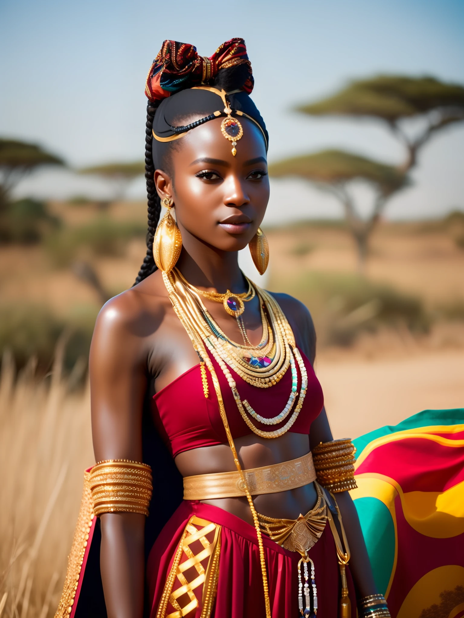 fking_scifi, fking_scifi_v2, portrait of a young very beautiful African woman, in front of a marvelous savanna, rich colorful clothes and golden african jewelry, close up, regal pose and attitude. fking_cinema_v2. fking_cinema_v2