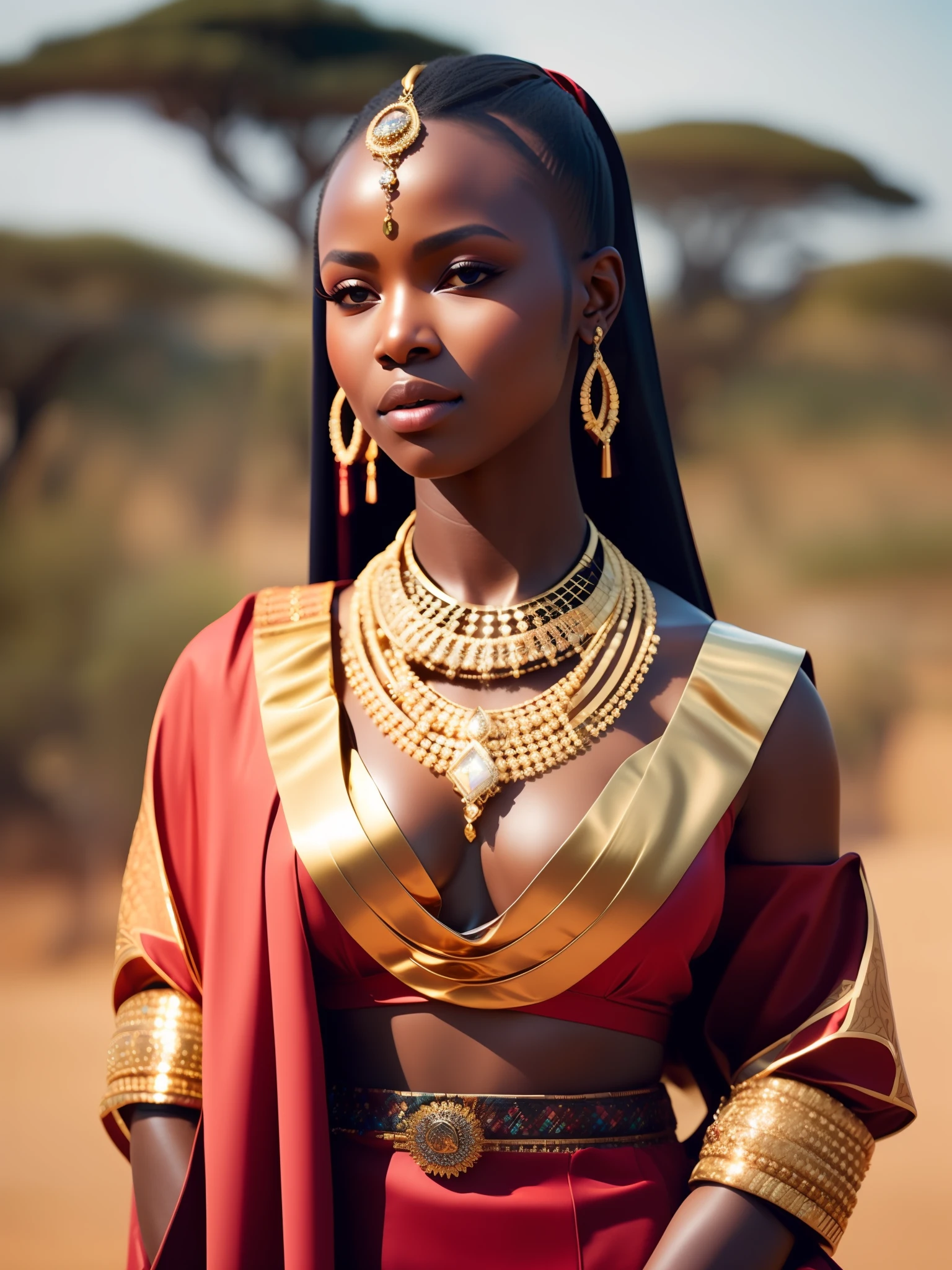 fking_scifi, fking_scifi_v2, portrait of a young very beautiful African woman, in front of a marvelous savanna, rich colorful clothes and golden african jewelry, close up, regal pose and attitude. fking_cinema_v2. fking_cinema_v2