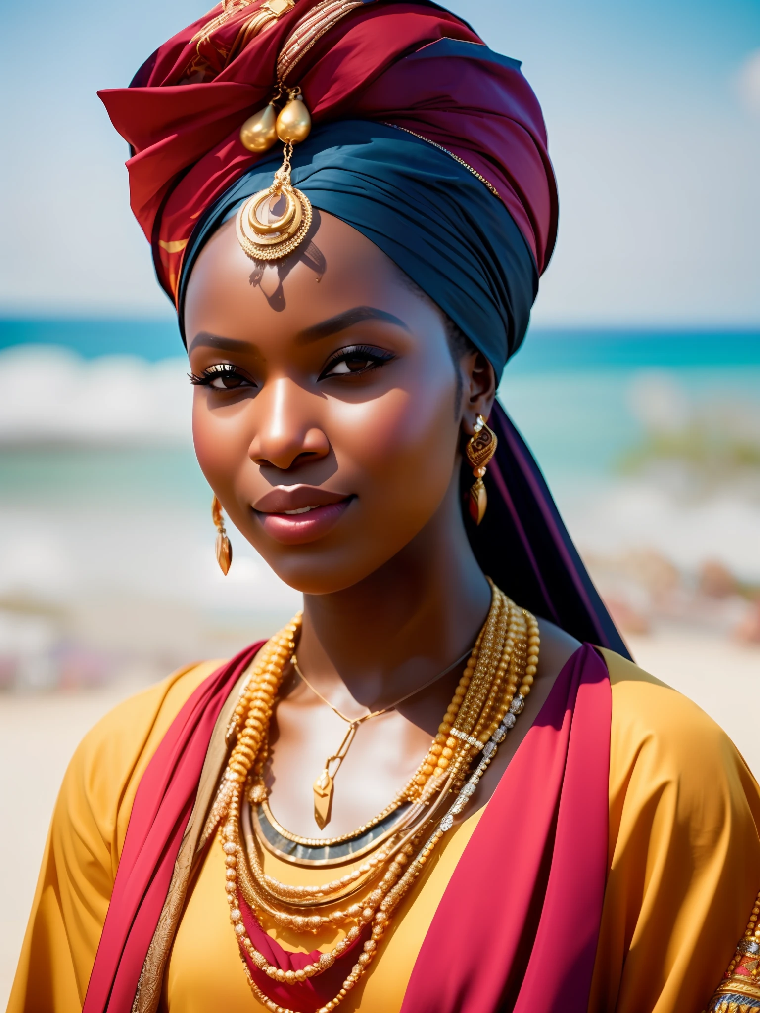 fking_scifi, fking_scifi_v2, portrait of a young very beautiful African woman, in front of a beach, rich colorful clothes, turban and golden african jewelry, close up, regal pose and attitude. fking_cinema_v2. fking_cinema_v2