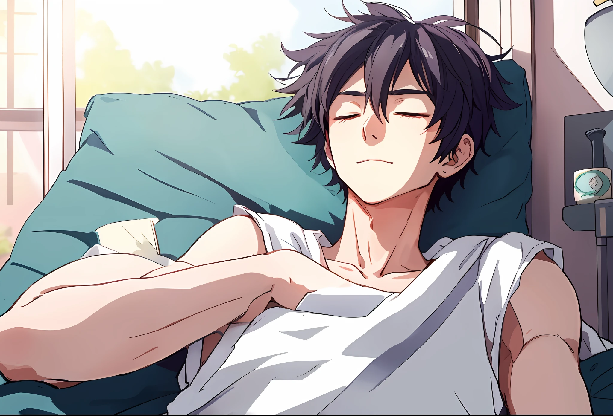 book next to anime face lying on the bed with his eyes closed, change his arm to straight, a book on top next to him, book, straight arm, inspired by Okumura Masanobu, handsome anime man, inspired by Okumura Togyu, beautiful anime pose, relaxed pose, sleepy expression, he is very relaxed, looking tired, relaxed expression, wake up, relax after a hard day, rest after a hard fight
