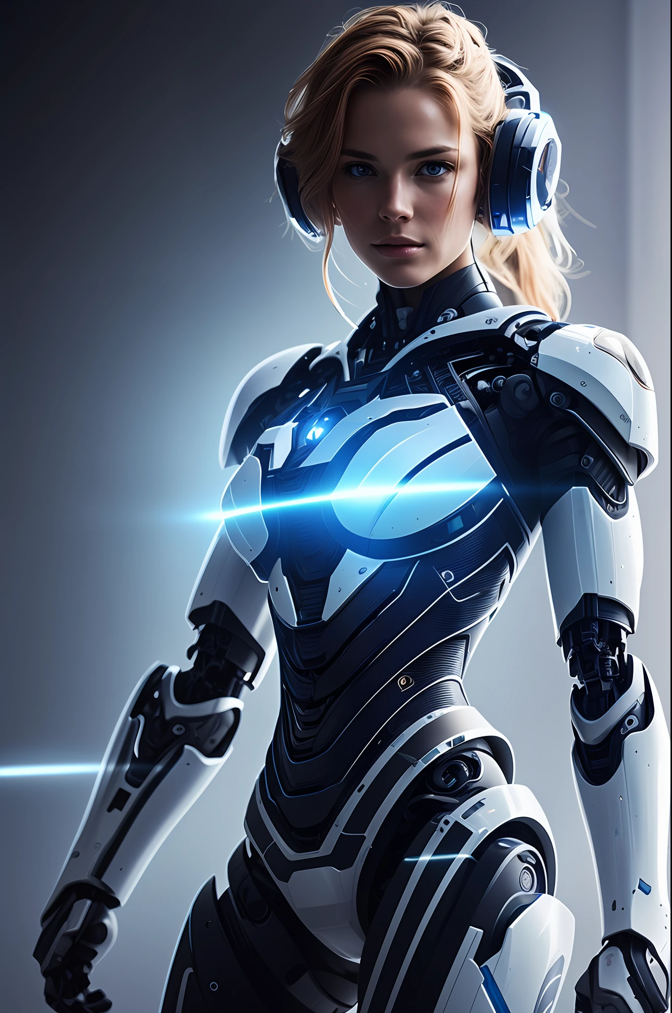 best quality robot nousr, cgunity, 8k, raw photo of (beautiful: 1.2) cyborg woman, starcraft style, blue white, ultra detailed, ambient light, volumetric lighting, realistic, realistic lighting, cinematic lighting, depth of field, sharp focus, dynamic pose, focus on the face, looking at the viewer, (high contrast: 1.2), (film grain)