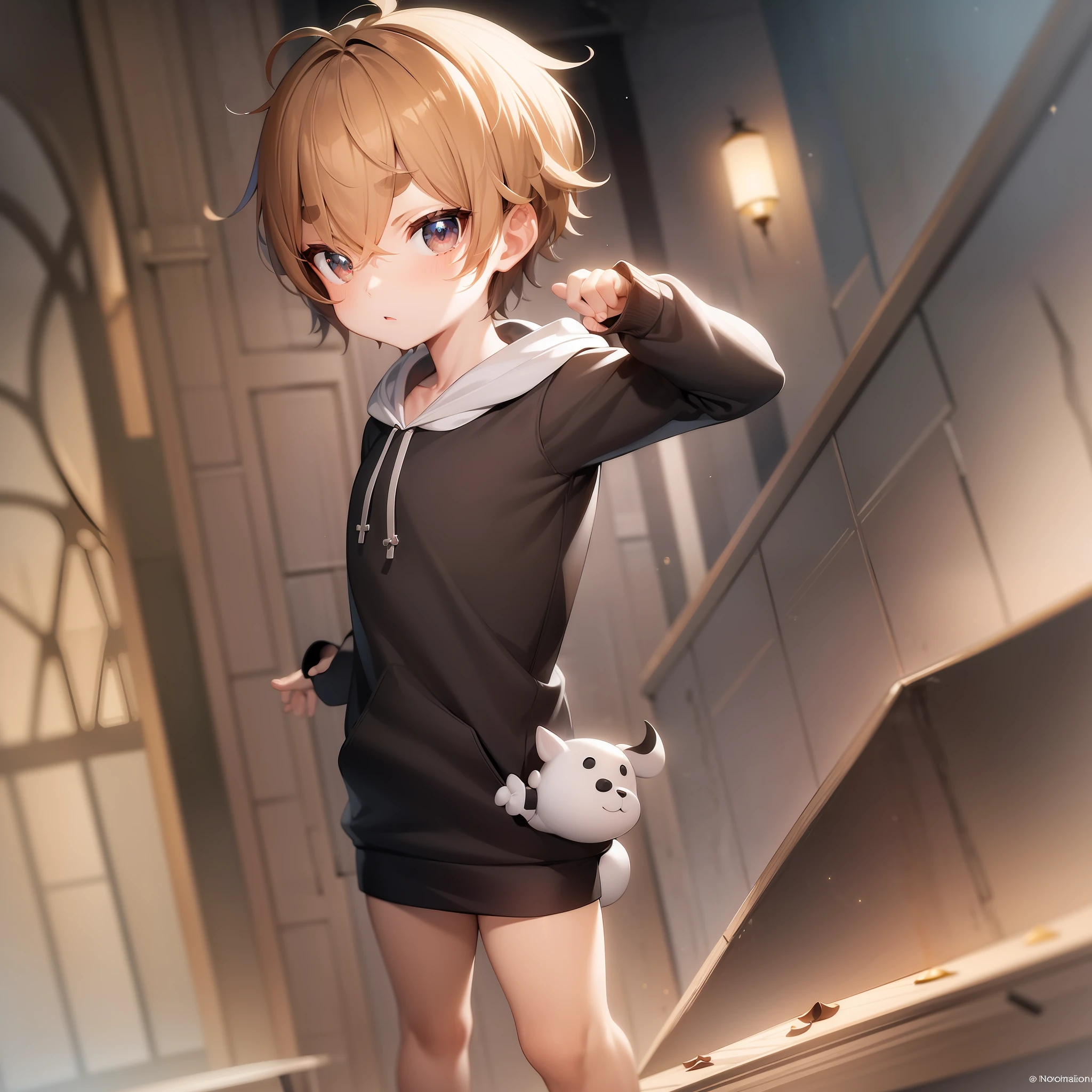 ((masterpiece, best quality)),(complex lighting),1boy,solo, full body, norman, child,thick eyebrows, hoodie