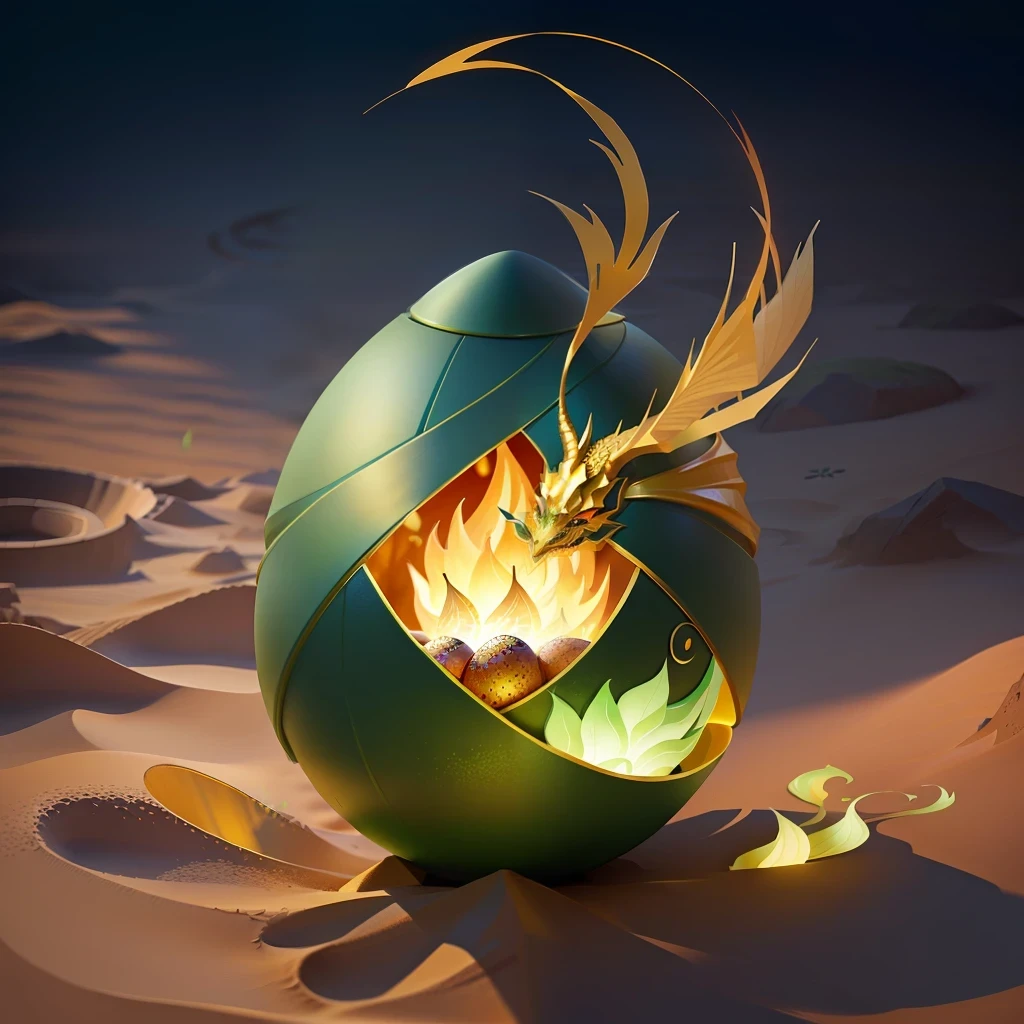 Golden dragon egg surrounded by green flame placed on the detailed sand
