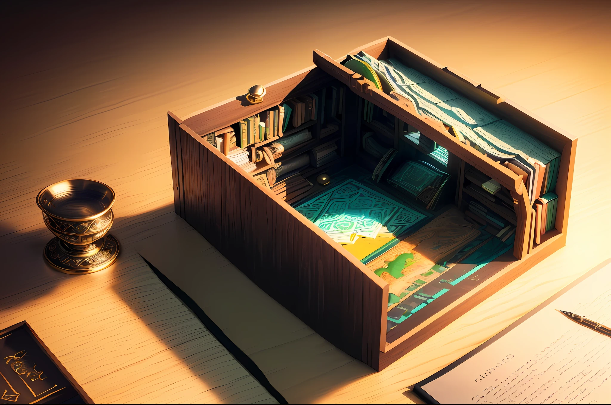 (isometric 3D), (masterpiece), (8k wallpaper of extremely detailed CG unit), (best quality), (best illustration), (best shadow), a cute, a table with books and inkwell