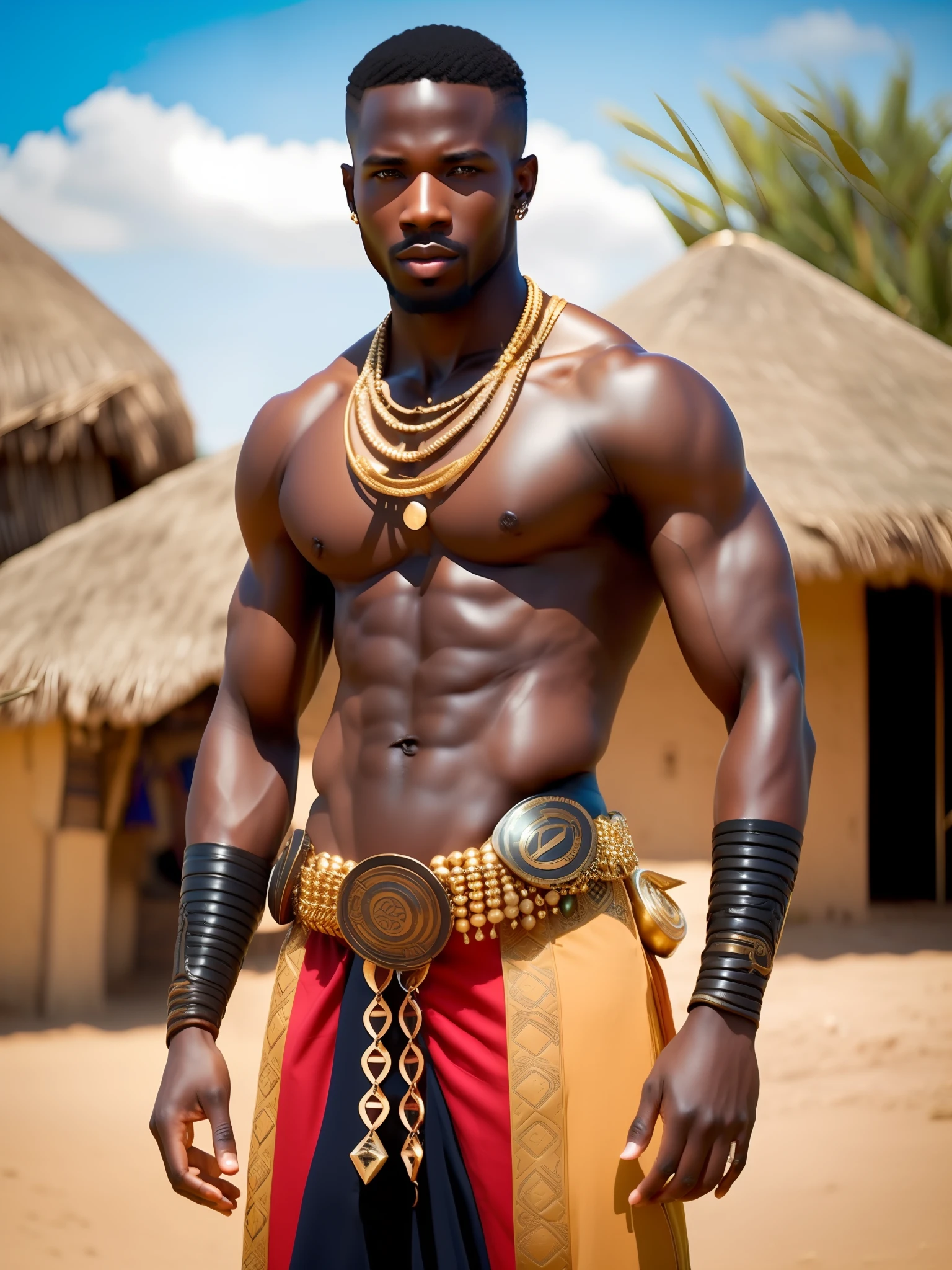 fking_scifi, fking_scifi_v2, portrait of a young, muscular very handsome and attractive African warrior man, in front of an African village, rich colorful clothes and golden african jewelry, close up, regal pose and attitude. fking_cinema_v2.