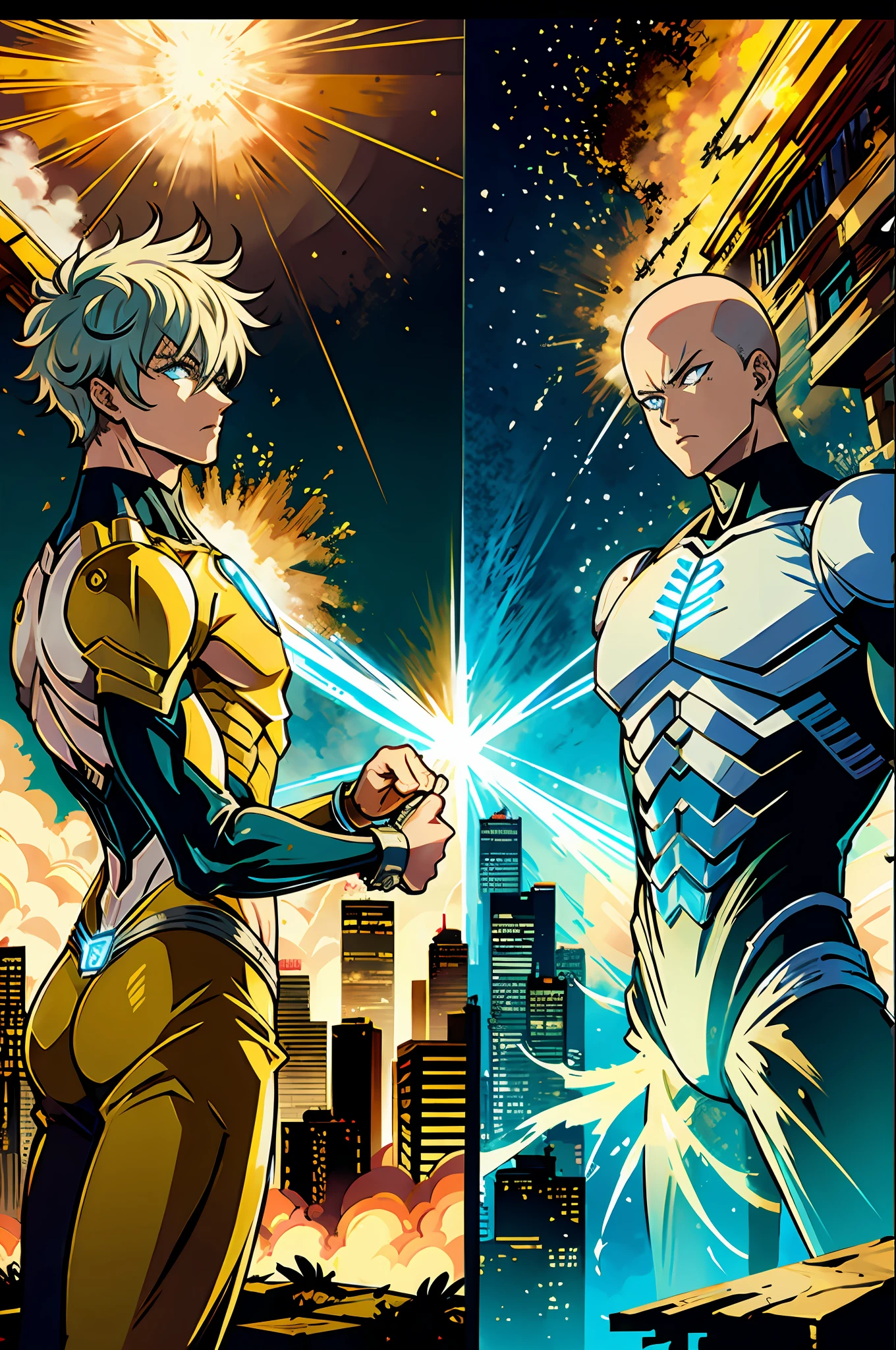 one punch man, genos vs lord boros, epic pose , incinerar, city destroyed in back graund