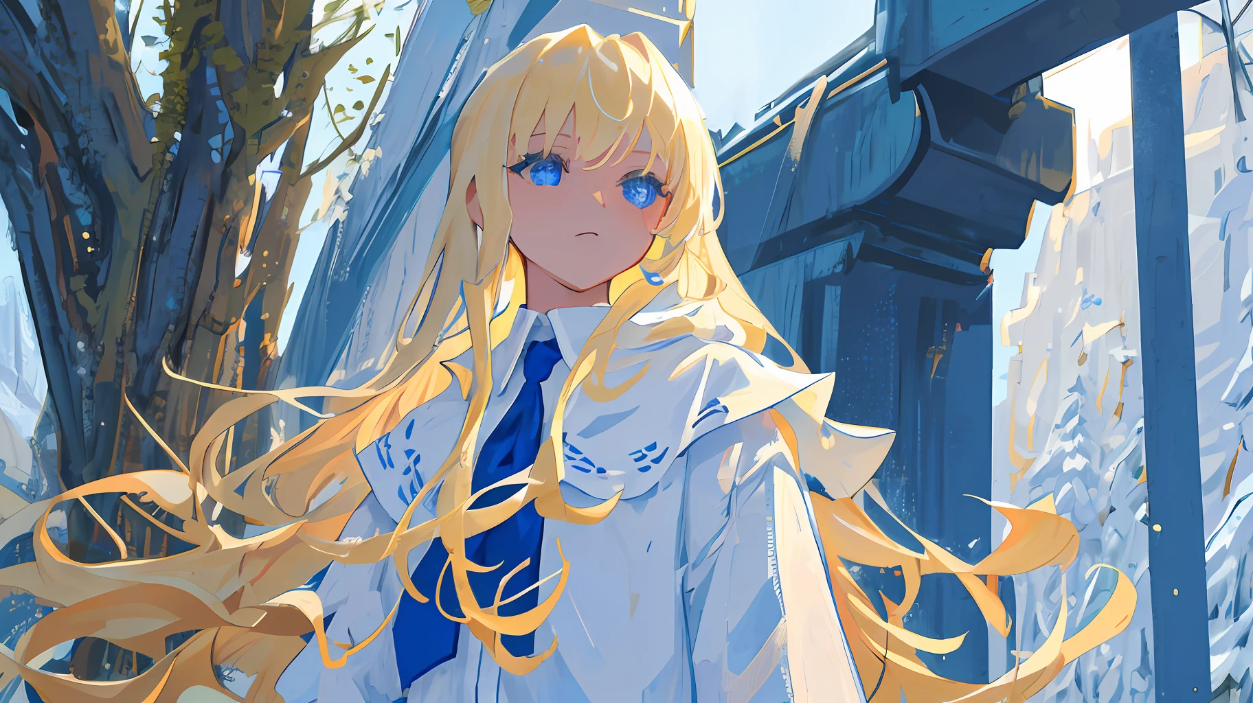 (masterpiece), (best quality), (ultra-detailed), illustration, close-up, straight on, face focus, 1girl, long blonde hair, trees behind, blue eyes, cold face and white shirt, looking at viewer