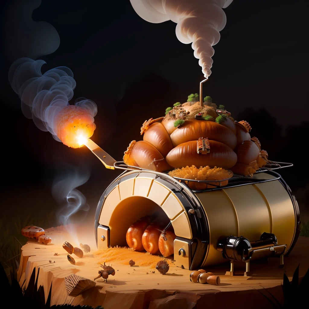 big anthill with tiny grill that is smoking. there there a few sausages