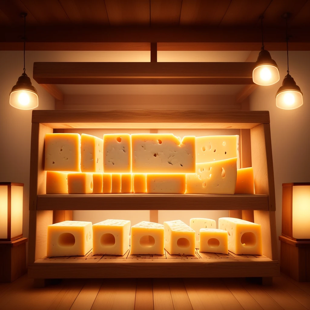cheese cut on a wooden board, illuminated by rays of light, in the background an image of a beautiful cow farm