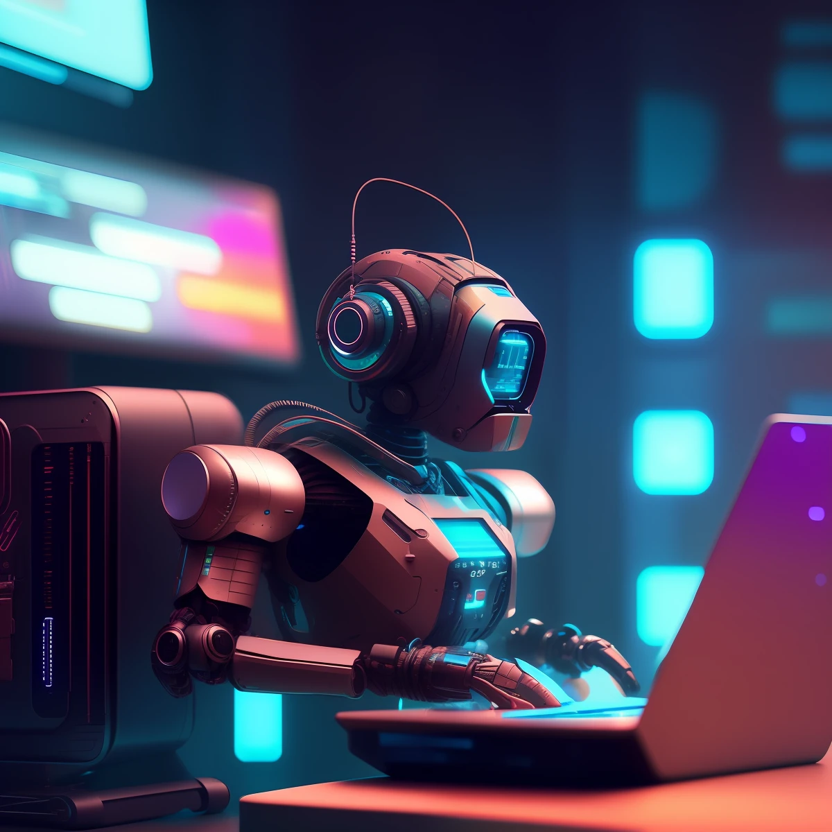 a close up of a robot sitting on a desk with a laptop, cyberpunk art inspired by Mike Winkelmann, trending on Artstation, digital art, cyberpunk art style, advanced digital cyberpunk art, digital artwork 4 k, digital art 4k, digital art 4 k, cyberpunk artstyle, dan mumford. 8 k octane render, 8k hd wallpaper digital art