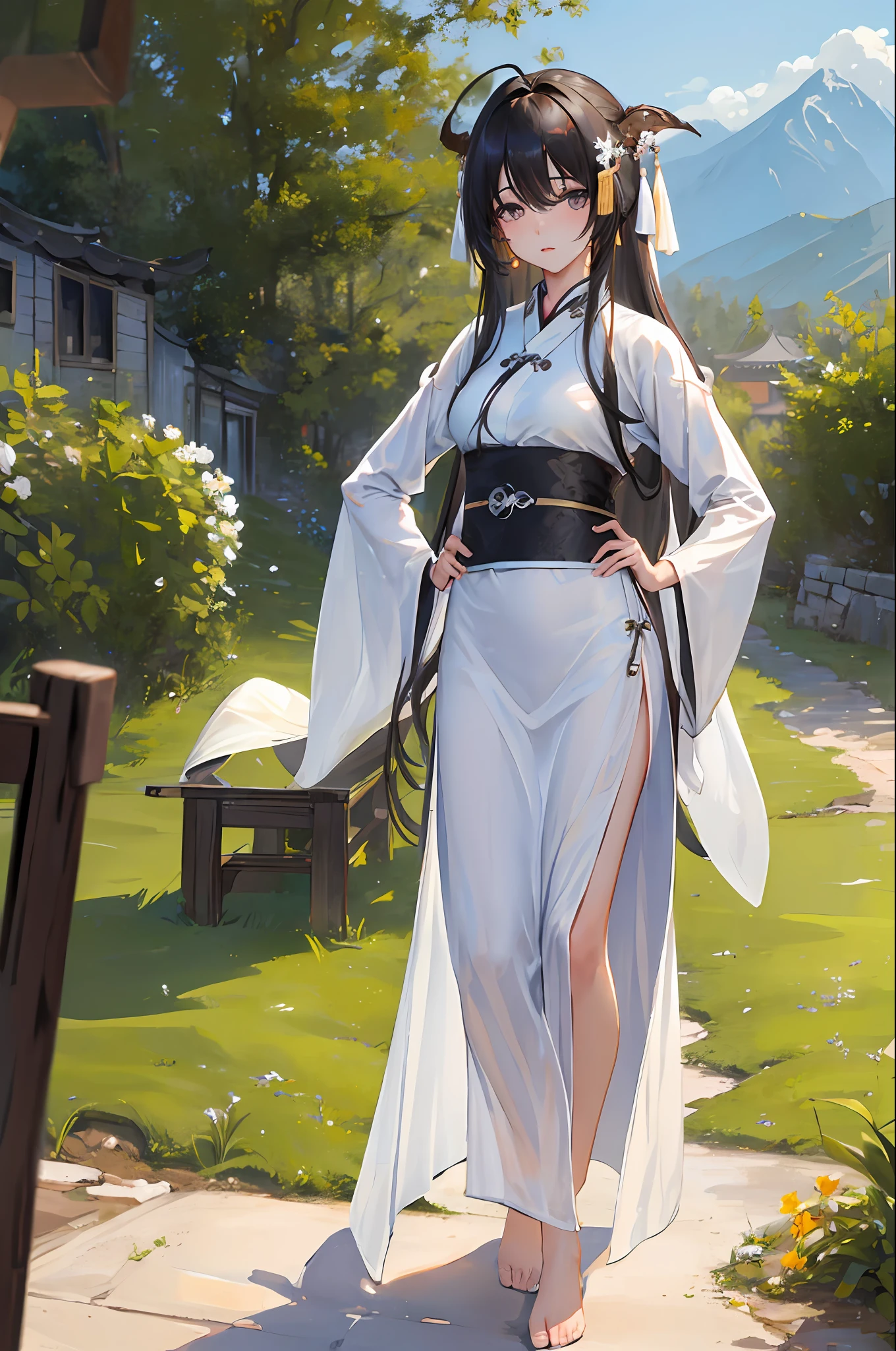 (masterpiece:1.5),(best quality:1.5),(ultra-detailed:1.5),illustration,cowboy shot,1girl,solo,(buildings),perfect face,lustrous skin,long hair,beautiful detailed eyes,beautiful flowing hair,(ru_qun:1.5),(hanfu:1.5),chinese clothes, white dress,white thighhighs, (bloom),lighting, ray tracing,outdoors,  mountains, nature,hair ornament, hair ribbon,hand on hip,looking at viewer,ahoge,large breasts, (deep depth of field:1.5),hair ornament, forest,barefoot sandals