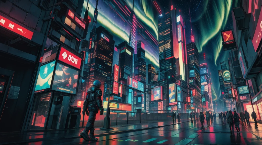 cyberpunk, city streets, spaceships in sky, night, aurora borealis in sky