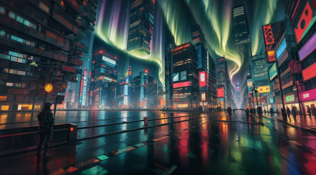 cyberpunk, city streets, spaceships in sky, night, aurora borealis in sky