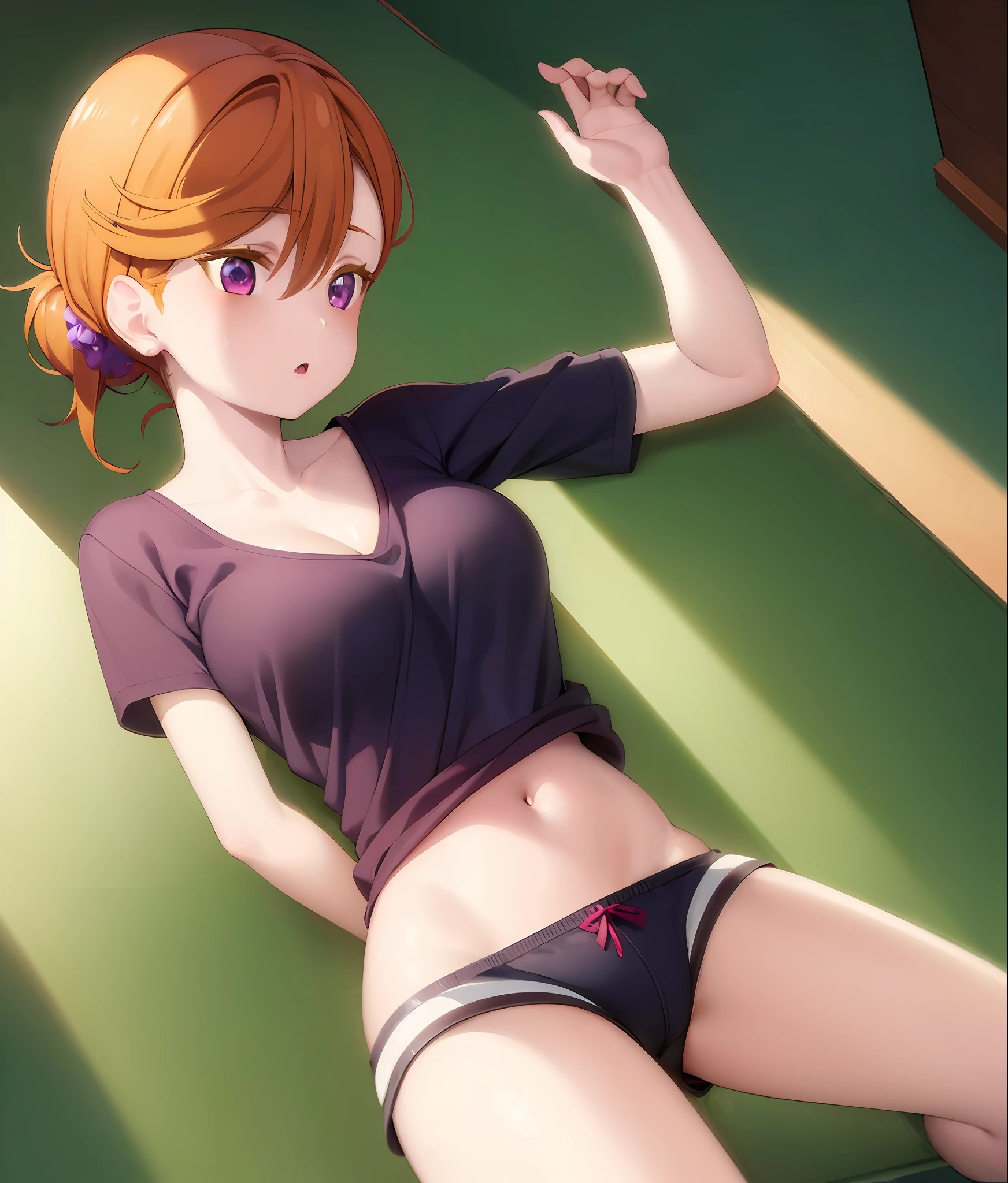 (masterpiece:1.2, best quality), shibuya kanon, 1girl, solo, solo_focus, blush, large breasts, cleavage, deep skin, orange hair, short hair, purple_eyes, low ponytail:1.4, clothes lift,shirt lift, underboob, revealing clothes, white shorts, sweat,