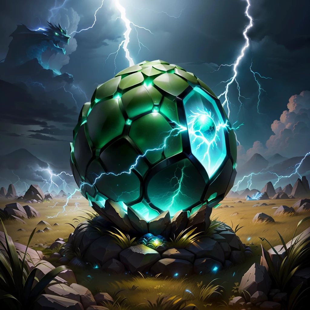 electrified dragon egg laid in the grass surrounded by detailed lightning