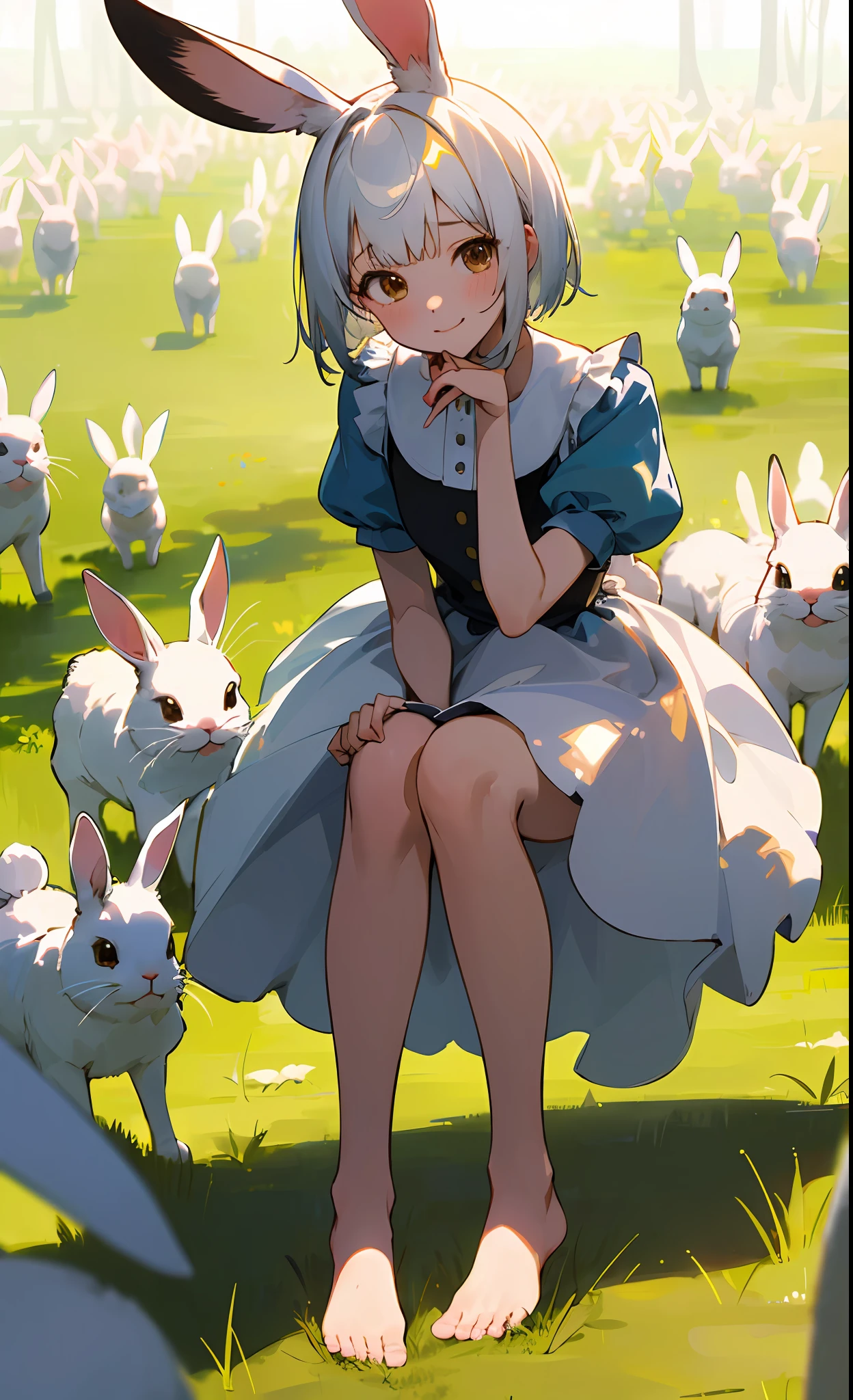 ((masterpiece,best quality)),1girl, solo, animal ears, rabbit, barefoot, knees up, dress, sitting, rabbit ears, short sleeves, looking at viewer, grass, short hair, smile, white hair, puffy sleeves, outdoors, puffy short sleeves, bangs, on ground, full body, animal, white dress, sunlight, brown eyes, dappled sunlight, day, depth of field