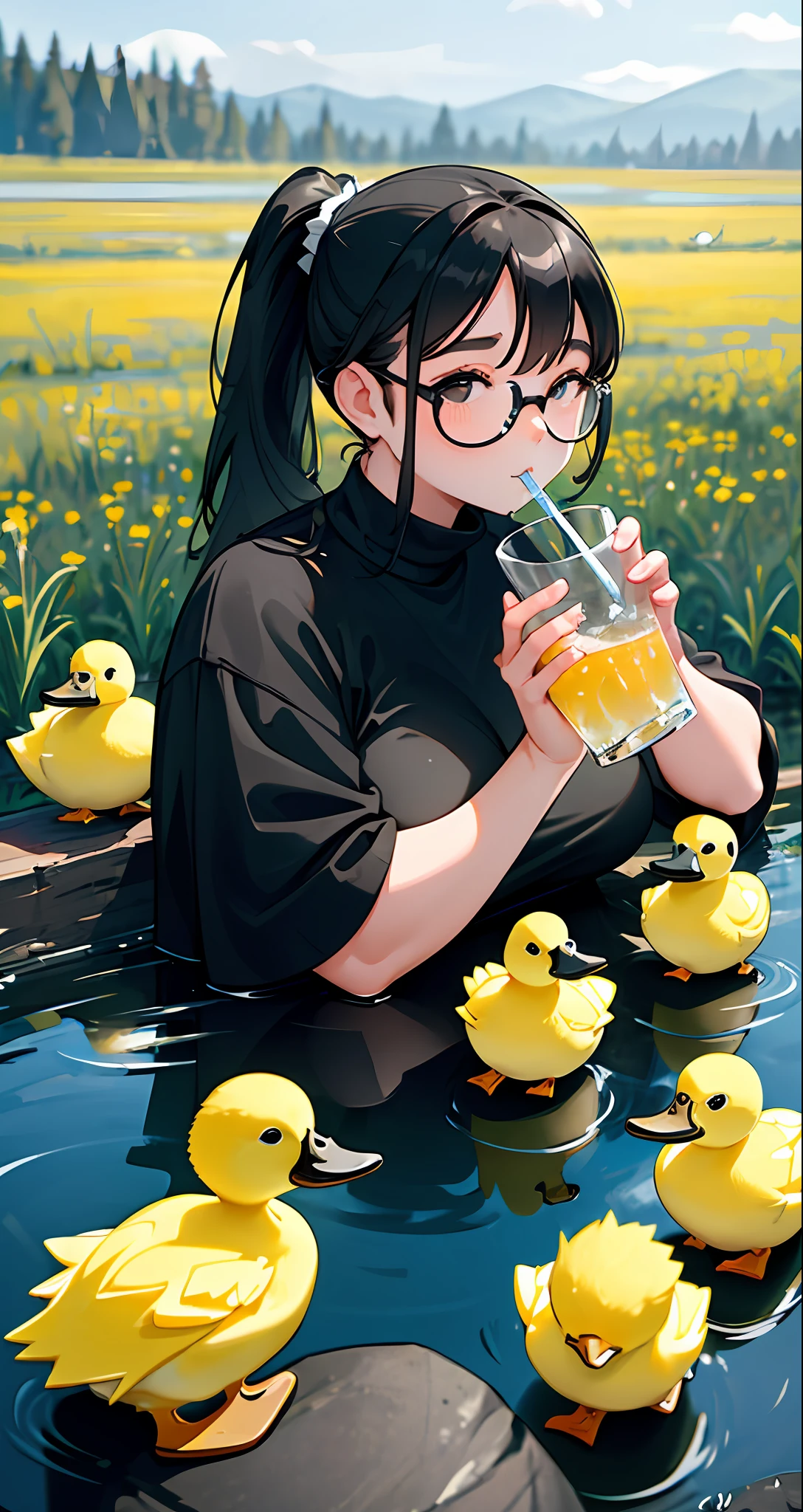 Chubby girl with glasses and black ponytail, drinking water in a glass with lots of ice next to yellow ducklings in a meadow