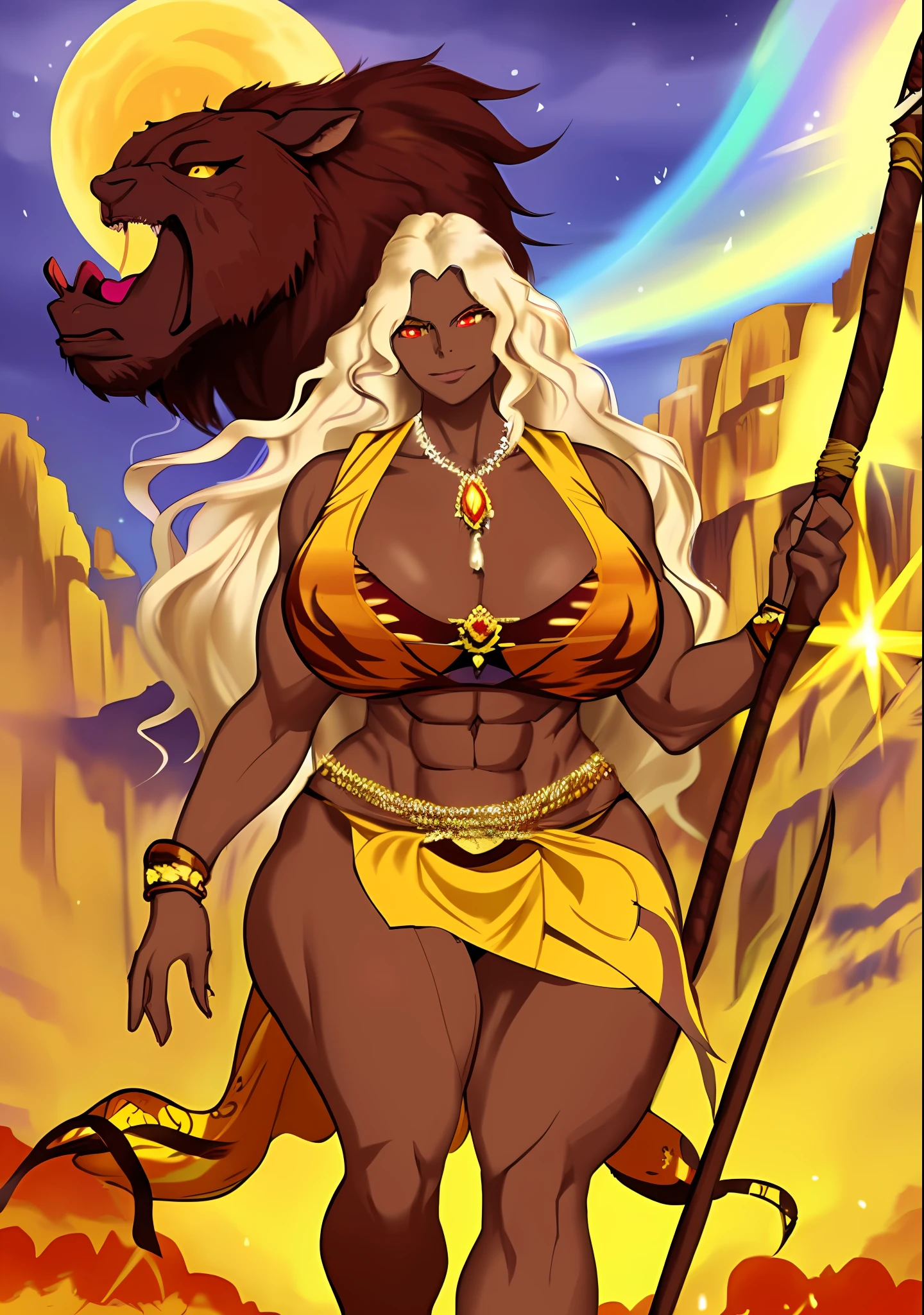 there is a cartoon of a man holding a giant rock spear, muscular female druid, a very beautiful berserker woman, as a titan, she is holding giant rock spear ,a legendary god holding spear, loincloth, muscular!!, as an ugly titan, holding a spear, bison god, mushoku tensei, most strongest pose, north female warrior, cavewoman there is a cartoon picture of a woman beautiful body, glowing angelic being, glowing holy aura, inspired by Luma Rouge, the non-binary deity of spring, ethereal rainbow nimbus, the goddess of fire, inspired by Marie Angel, glowing aura around her, astral , as the goddess of the sun, “uwu the prismatic person, big breast, happy, beautiful eyes,, happy, walking, *, darkskinned female, muscular female, blond hair, tall female, full body, red eyes , tall female, walking, tribal clothing,yellow tiger bra,beautiful eyes, holding weapon, full body