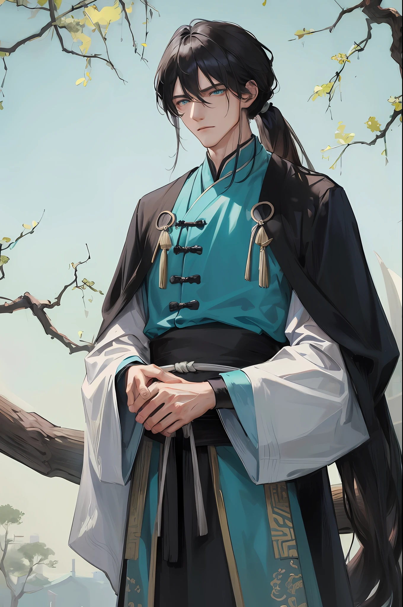 Masterpiece, best, a man, chinoiserie, ancient china, black hair, gray blue eyes, split hair, long hair, long bangs, high ponytail, handsome, masculine, gentle, tall, quiet, teal robe, outdoors, cloak, Branches, windy, young man, with a steady expression and a boxing posture