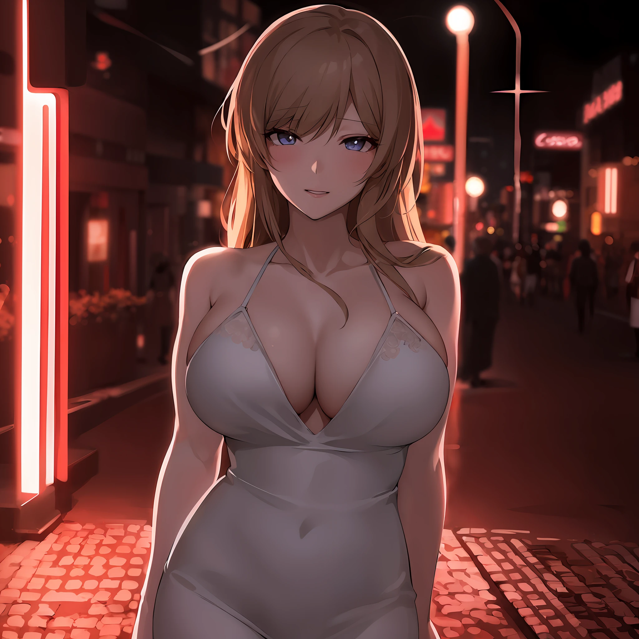 anime girl in a white dress standing on a street corner, seductive anime girl, beautiful alluring anime woman, attractive anime girl, beautiful anime woman, beautiful anime girl, digital anime illustration, badass anime 8 k, at nighttime, street night, cute anime waifu in a nice dress, smooth anime cg art, night life, on a street at night