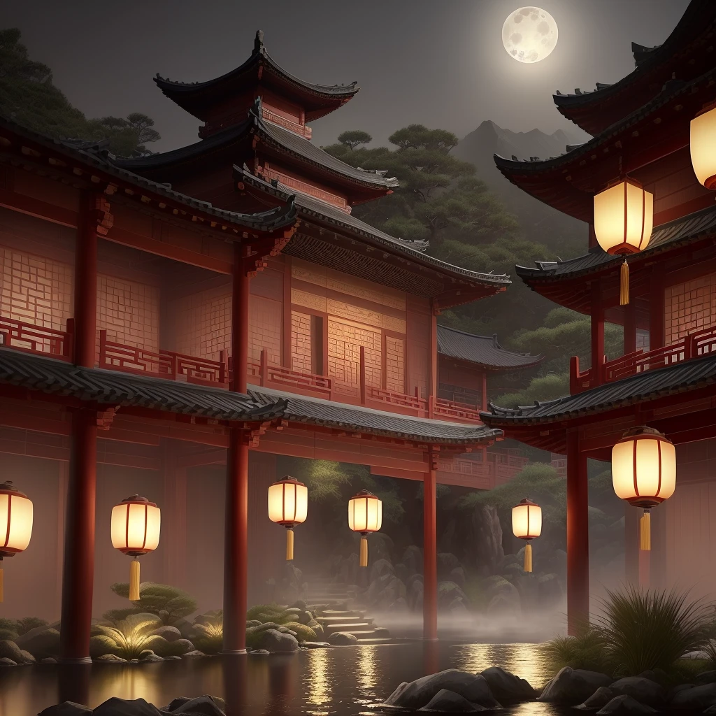 masterpiece, best quality, Chinese martial arts style, an Asian night scene with lanterns and water lilies, Asian lagoon with many lanterns and nightclubsa night scene with many lights and boats on the water, lake surface, lotus flowers, beautiful night scene, (((Chinese martial arts style)))), with vast sky, continuous mountains and steep cliffs, inkwashing style, contour light, atmospheric atmosphere, depth of field, rising mist, bamboo, pine trees, octagonal stone pavilion, waterfall running water, large full moon, (no color), monochrome, light color,