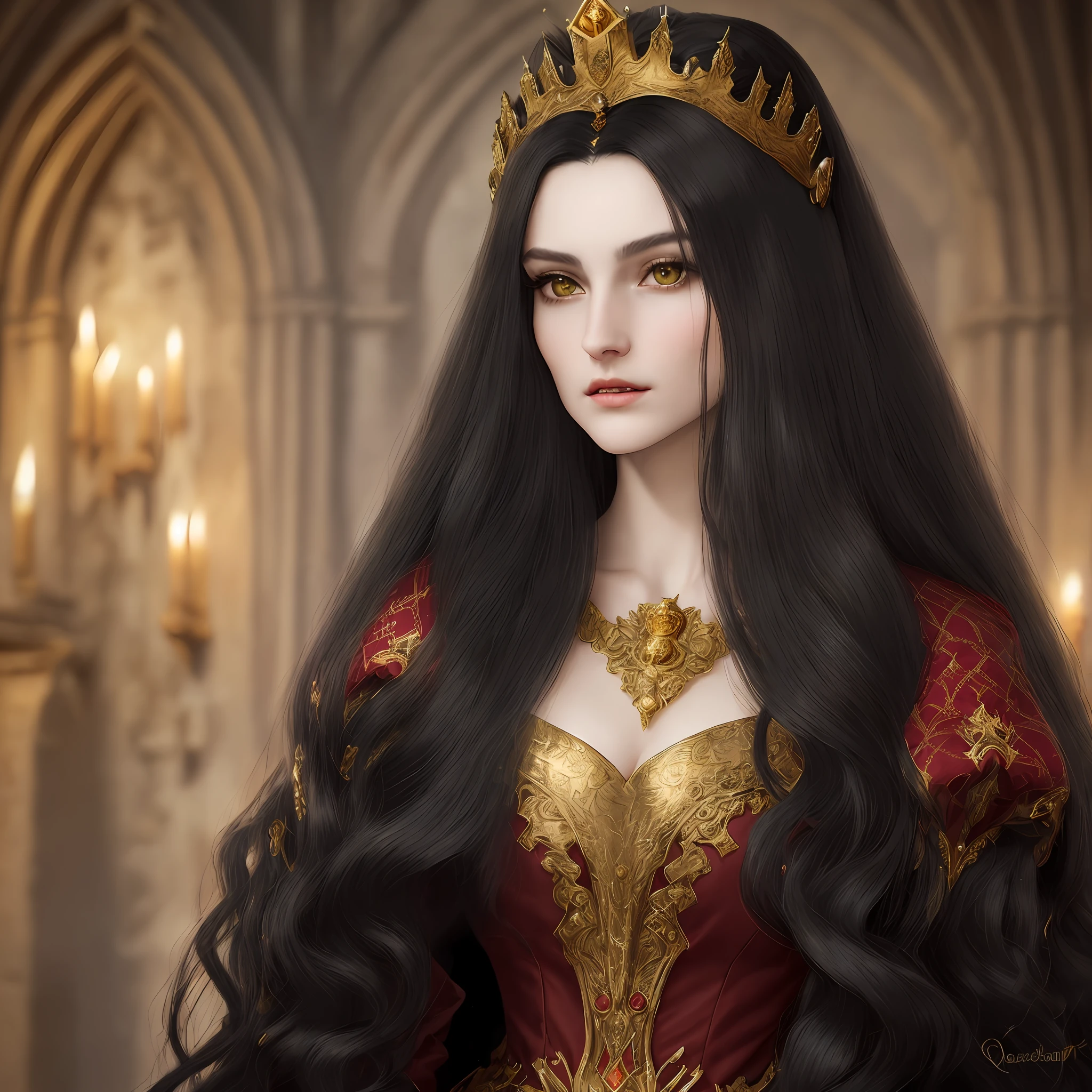Beautiful Queen Woman,With Smooth and Perfect Face,Detailed and Defined Green Eye,Long Black Hair,Silky and Voluminous High Quality With Slightly Curly Tips,A Mean Expression,With a Detailed Red Medieval Dress,With Perfect and Detailed Gold Crown,Just Her In A Castle Commodity,Ultra Quality,Best 100% Perfect Resolution,HD, 4K,8K