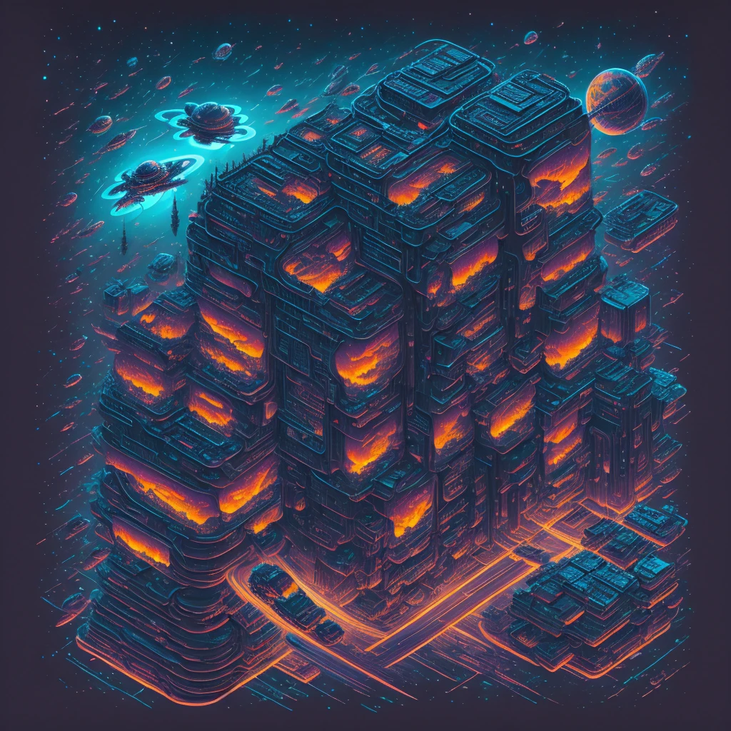 (cyberpunk city flying in space), (on a black background:1.2), as a t-shirt logo in the style of art