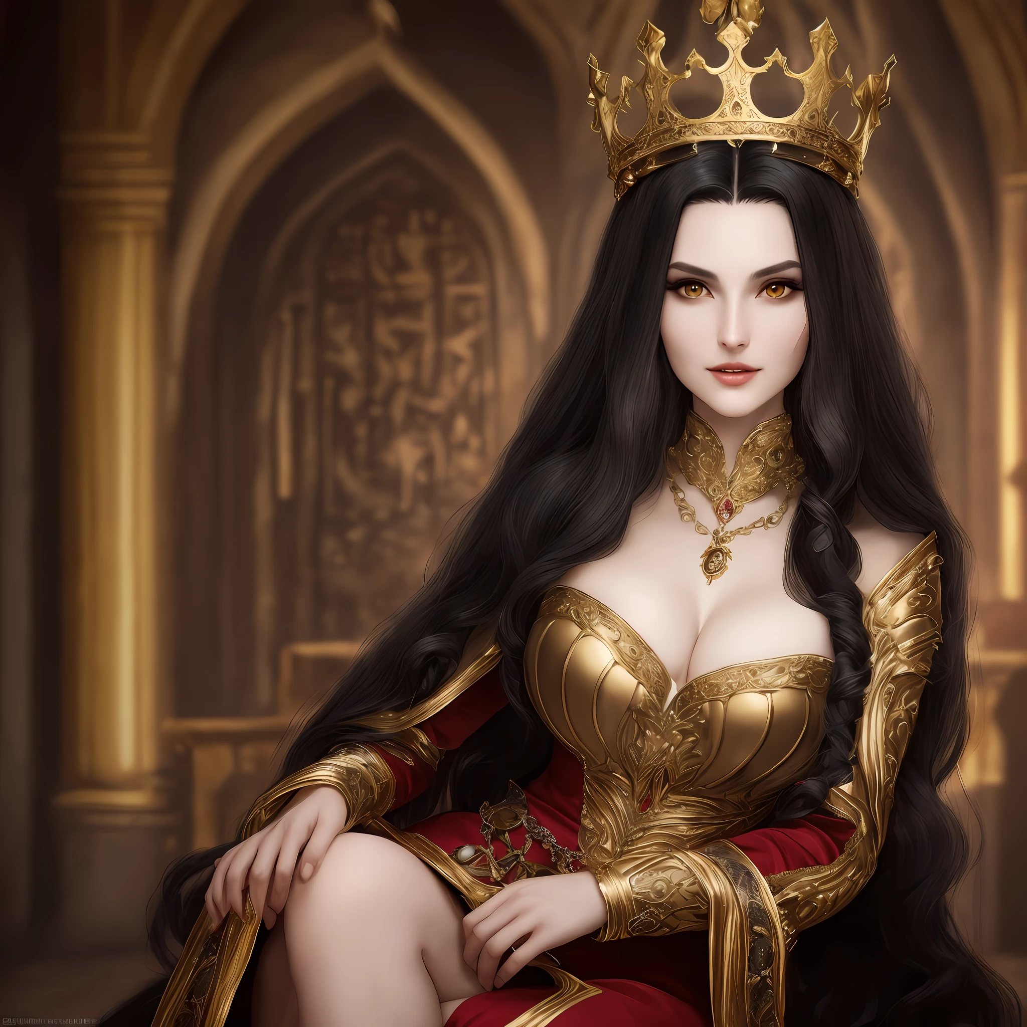 Beautiful Queen Woman,With 40 Years Age Appearance,Milf,With Smooth and Perfect Face,Detailed Eye and Green Defined,Long Black Hair,Silky and Voluminous High Quality With Slightly Curly Tips,An Evil Expression,With a Detailed Red Medieval Dress,With Perfect and Detailed Gold Crown,Just Her In A Room Of The Castle,Ultra Quality, Best resolution 100% perfect,HD,4K,8K