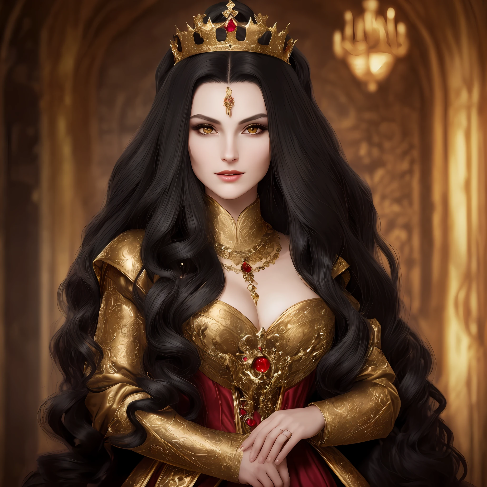 Beautiful Queen Woman,With 40 Years Age Appearance,Milf,With Smooth and Perfect Face,Detailed Eye and Green Defined,Long Black Hair,Silky and Voluminous High Quality With Slightly Curly Tips,An Evil Expression,With a Detailed Red Medieval Dress,With Perfect and Detailed Gold Crown,Just Her In A Room Of The Castle,Ultra Quality, Best resolution 100% perfect,HD,4K,8K