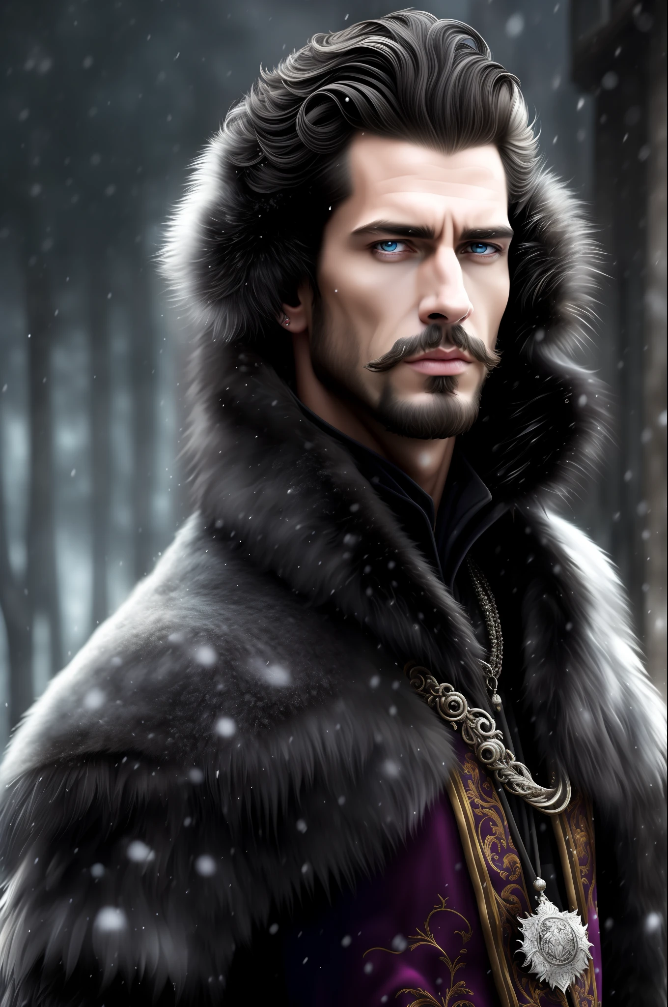 (absurdres, highres, ultra detailed), 1 male, mature, handsome, tall muscular guy, broad shoulders, intricate details, Fantasy, royal, nobleman, grand duke, very short hair, black hair, dark gray eyes, stoic, fur coat, black suit, winter, snow, dark, extreme cold, colorful, highest detailed, upper body
