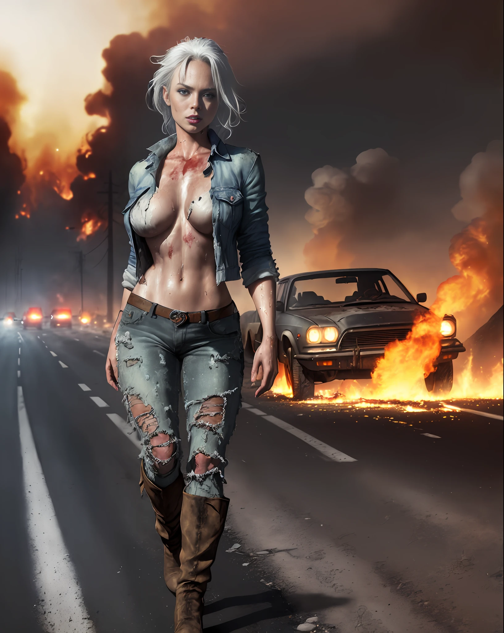 Capri Anderson (beautiful and bold, seductive and attractive, blue eyes, pointed breasts, dark lipstick, sweaty body, open shirt, torn leg pants, boots, white hair, thick legs). (deserted road, dirt road, blood, zombies, smoke, fire, cars on fire, abandoned road, zombie movie, apocalyptic setting, cinematic effect), (Best quality, masterpiece, depth of field, Full HD, 4K, richness of detail). Portrait style