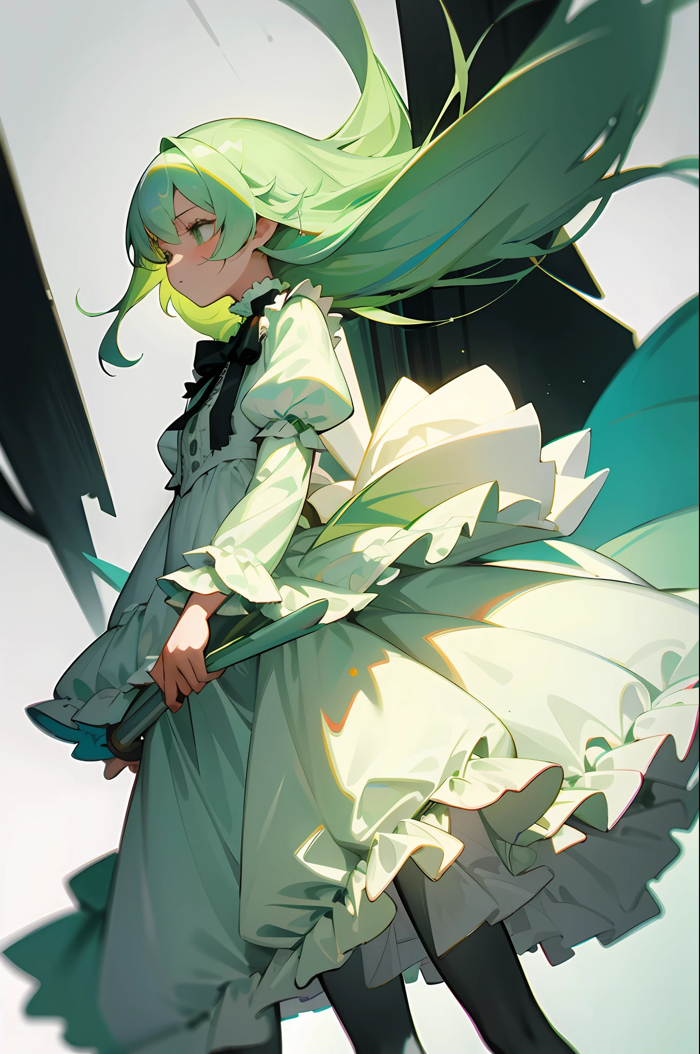 (masterpiece, best quality:1.3), 1girl, light green hair, sad, 18, white frilly dress, leggings, long hair